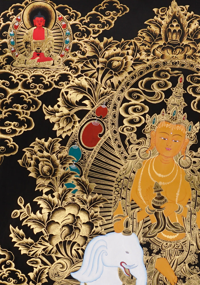 Gold-on-black Samantabhadra thangka depicting the Bodhisattva of universal virtue seated on a white elephant.