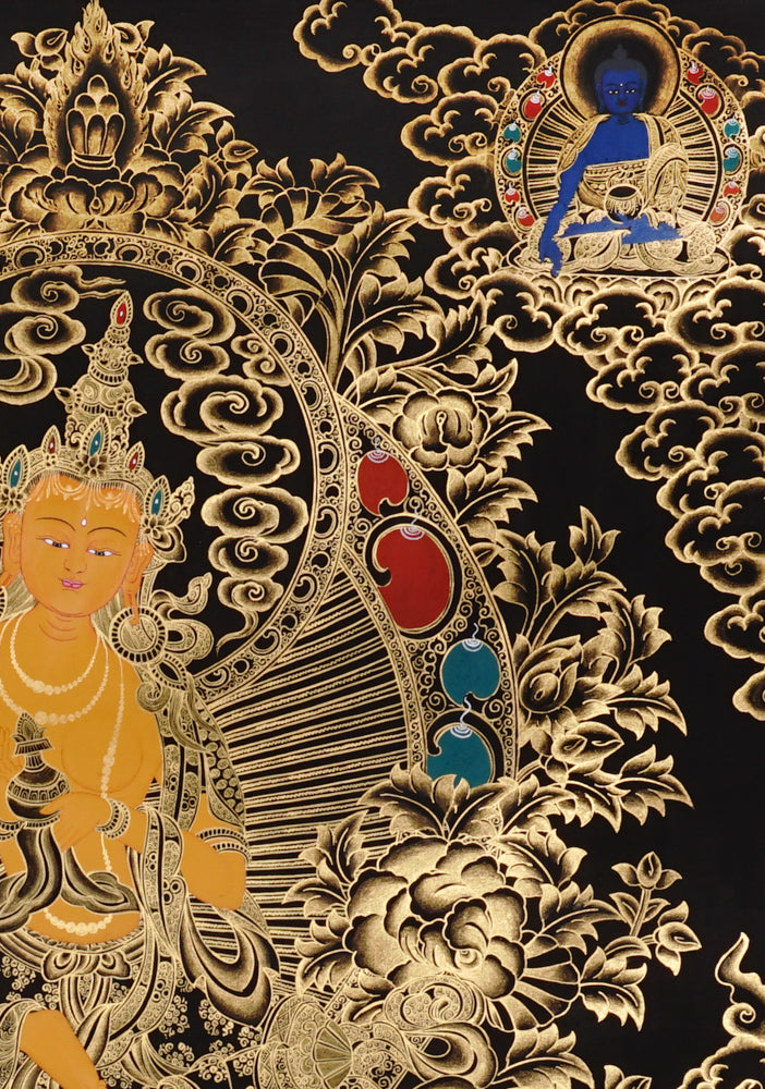 Gold-on-black Samantabhadra thangka depicting the Bodhisattva of universal virtue seated on a white elephant.