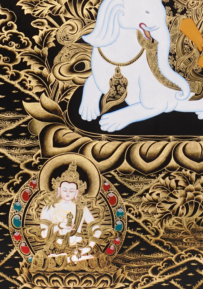 Gold-on-black Samantabhadra thangka depicting the Bodhisattva of universal virtue seated on a white elephant.