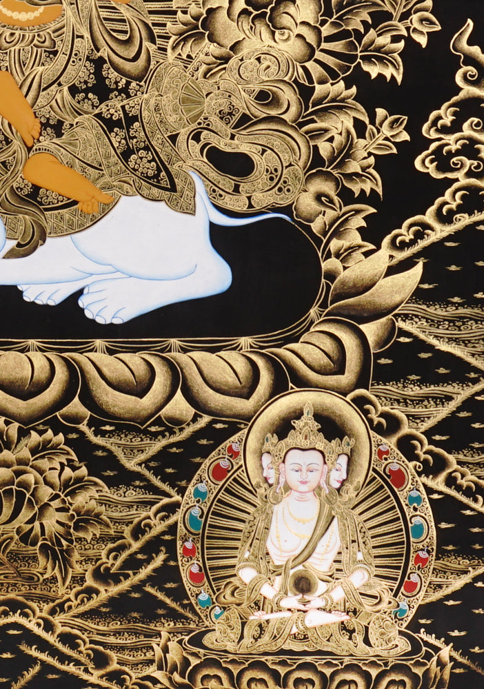 Gold-on-black Samantabhadra thangka depicting the Bodhisattva of universal virtue seated on a white elephant.