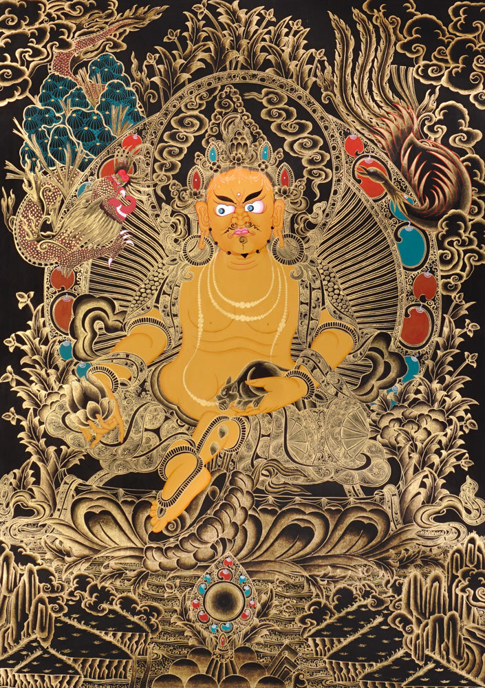 Gold-on-black Zambhala thangka depicting the Buddhist wealth deity holding a jewel and a jewel-spitting mongoose.