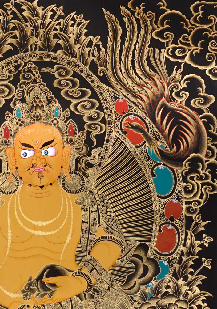 Gold-on-black Zambhala thangka depicting the Buddhist wealth deity holding a jewel and a jewel-spitting mongoose.