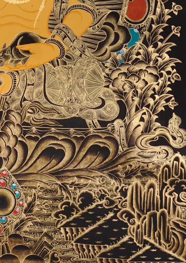 Gold-on-black Zambhala thangka depicting the Buddhist wealth deity holding a jewel and a jewel-spitting mongoose.