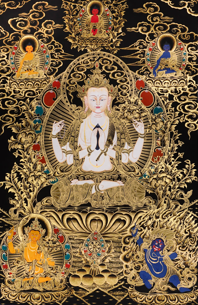 Gold-on-black Chenrezig thangka depicting Avalokiteshvara with four arms surrounded by Five Dhyani Buddhas.