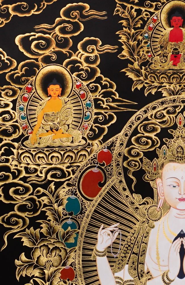 Gold-on-black Chenrezig thangka depicting Avalokiteshvara with four arms surrounded by Five Dhyani Buddhas.