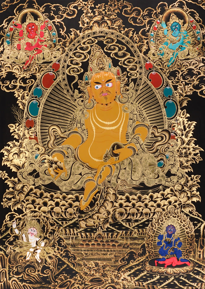 Gold-on-black Zambhala thangka depicting the Tibetan Buddhist wealth deity holding a jewel and jewel-spitting mongoose.