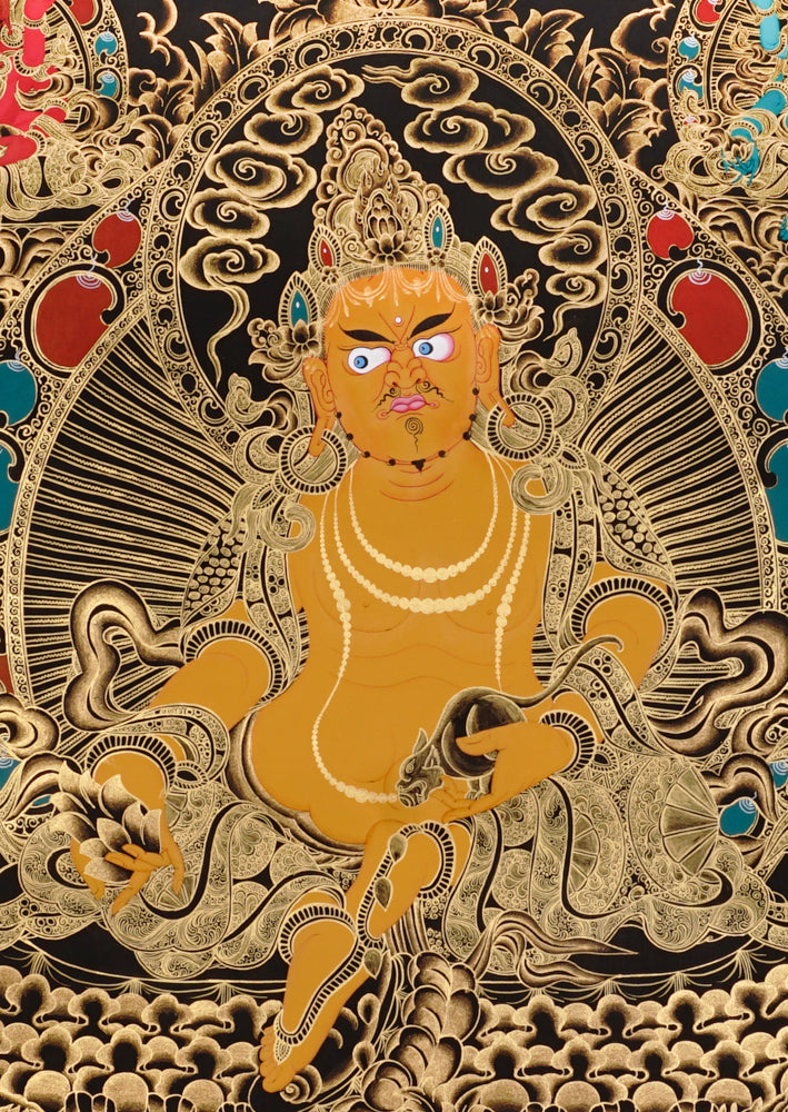 Gold-on-black Zambhala thangka depicting the Tibetan Buddhist wealth deity holding a jewel and jewel-spitting mongoose.