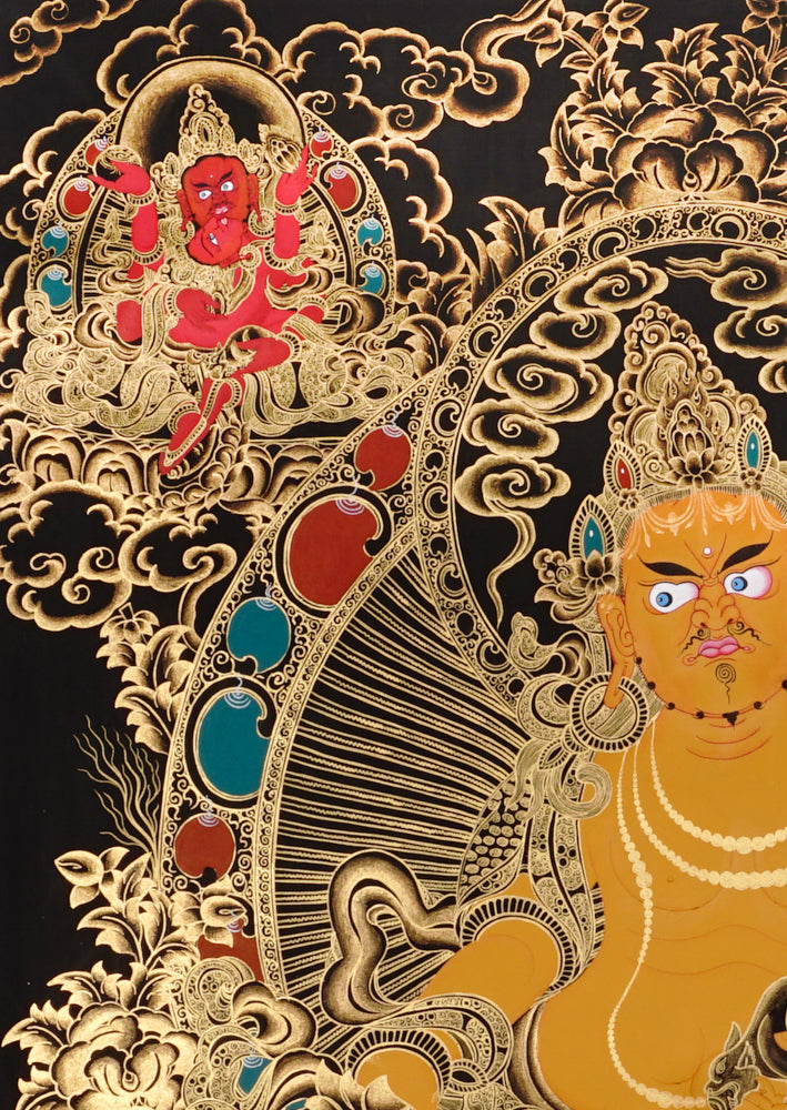 Gold-on-black Zambhala thangka depicting the Tibetan Buddhist wealth deity holding a jewel and jewel-spitting mongoose.