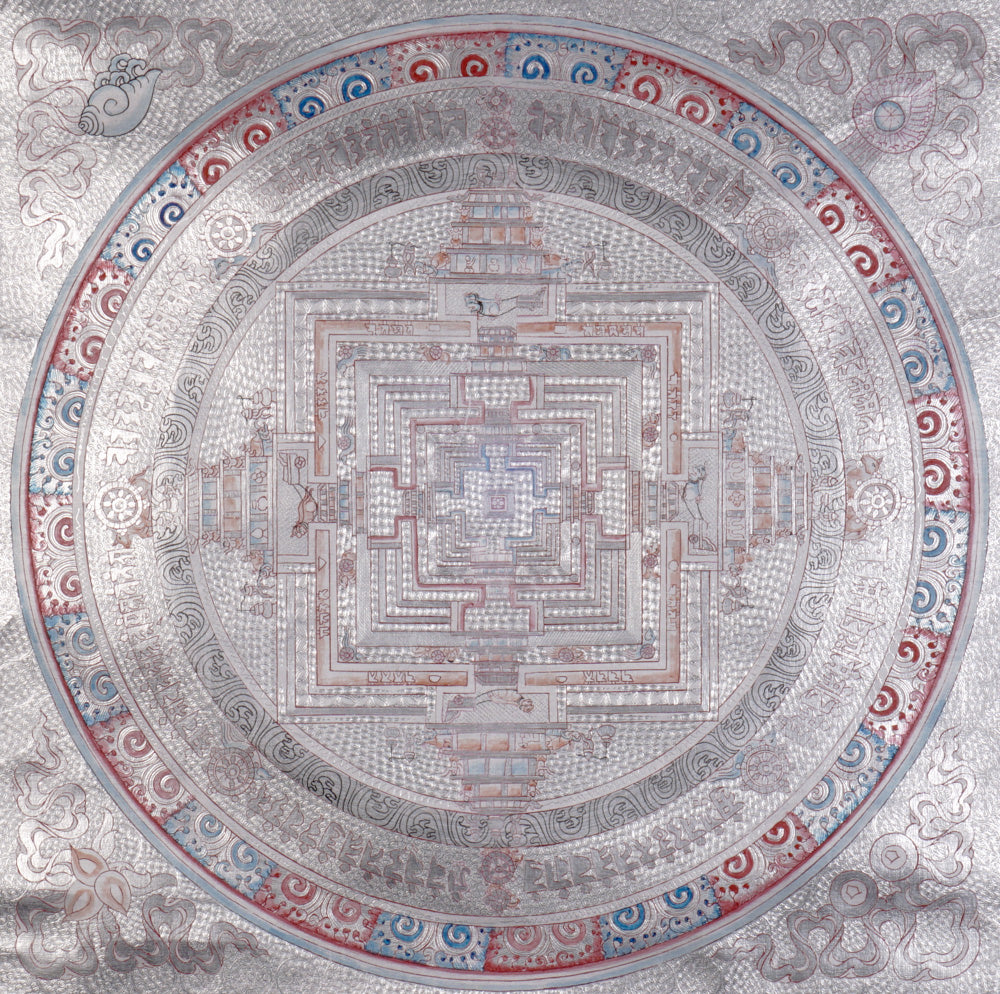 Silver Kalachakra mandala thangka depicting the sacred Tibetan Buddhist Wheel of Time mandala.