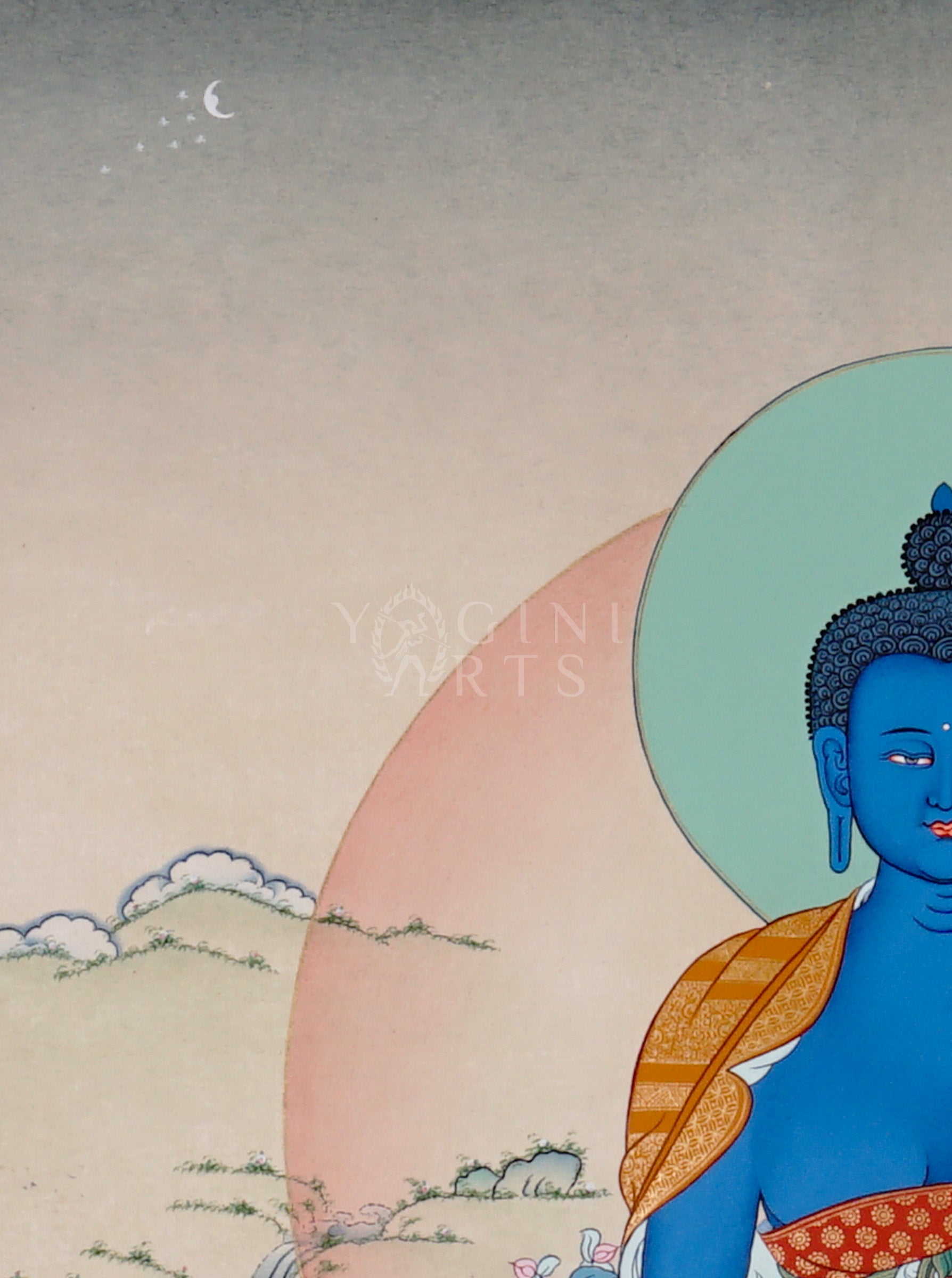 Medicine Buddha thangka showing a blue Buddha seated on a lotus holding a healing bowl, with a calm halo and peaceful landscape.