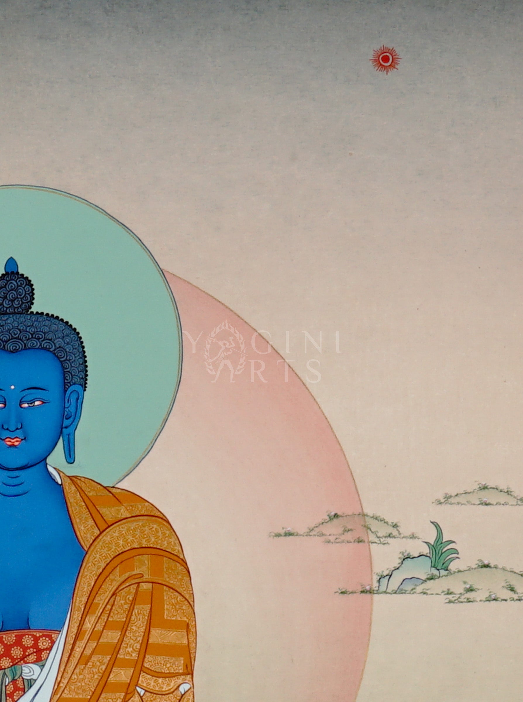 Medicine Buddha thangka showing a blue Buddha seated on a lotus holding a healing bowl, with a calm halo and peaceful landscape.