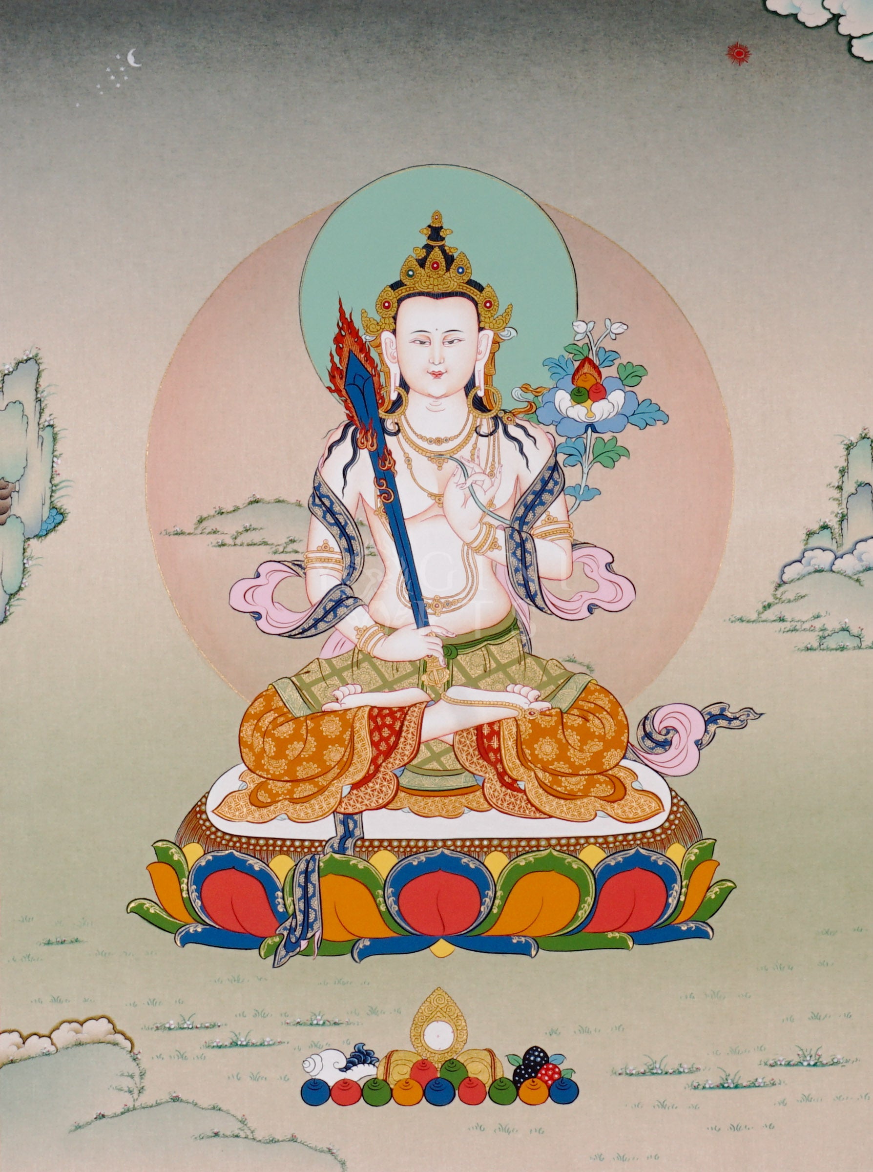 Akashagarbha bodhisattva thangka showing a peaceful seated figure holding a flaming sword, symbolizing wisdom and infinite space.