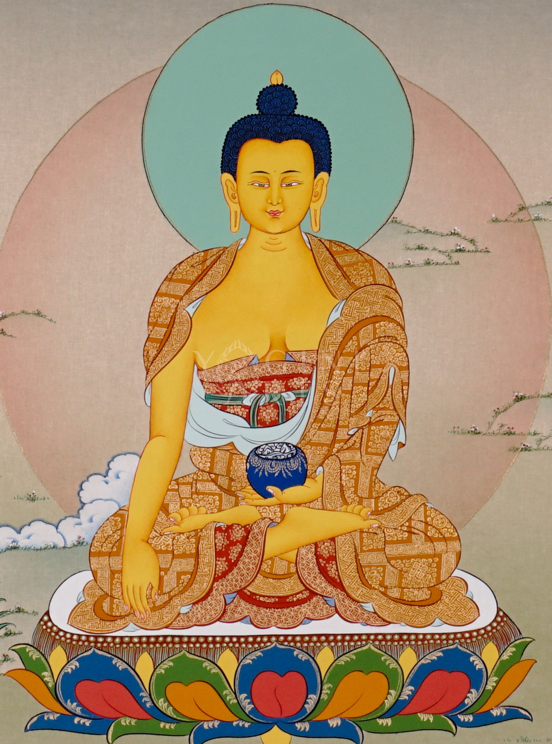 Shakyamuni Buddha thangka showing a golden Buddha seated on a lotus in earth-touching gesture holding an alms bowl with a calm background.