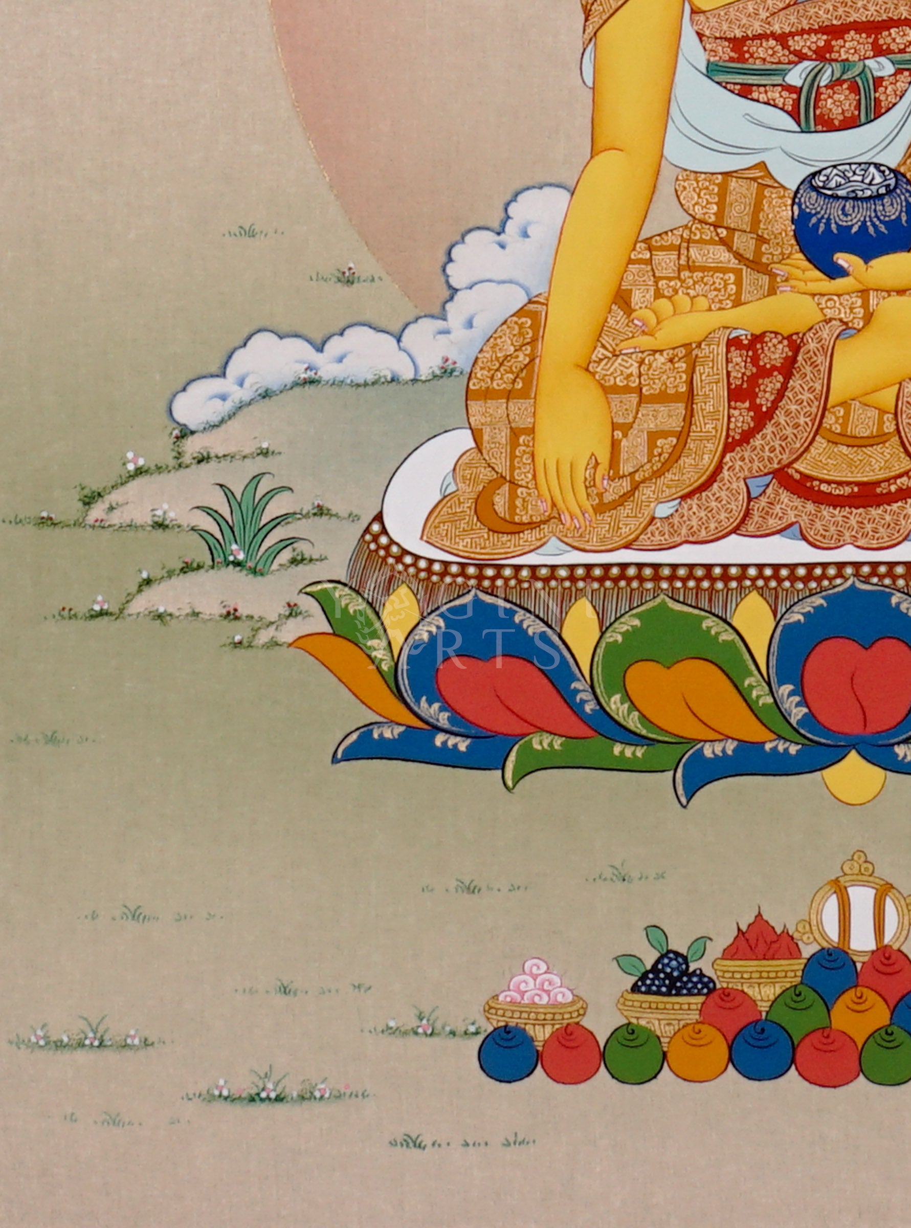 Shakyamuni Buddha thangka showing a golden Buddha seated on a lotus in earth-touching gesture holding an alms bowl with a calm background.