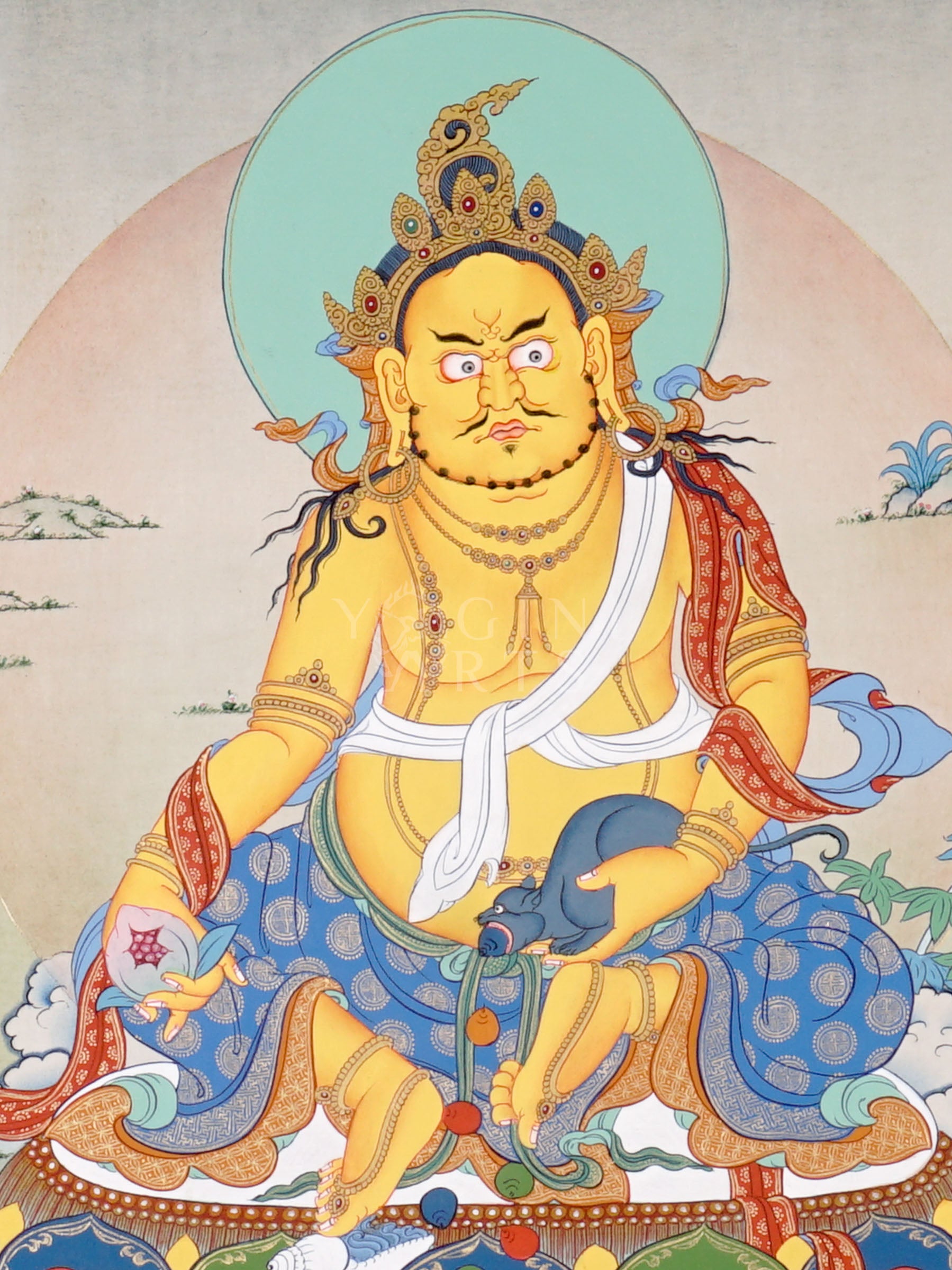 Zambhala thangka showing a golden wealth deity seated on a lotus holding a mongoose that releases jewels surrounded by offerings and symbols of abundance.
