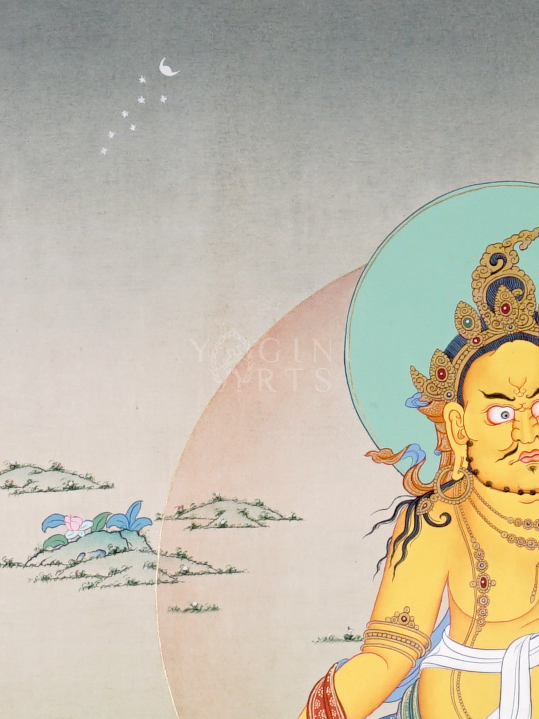 Zambhala thangka showing a golden wealth deity seated on a lotus holding a mongoose that releases jewels surrounded by offerings and symbols of abundance.