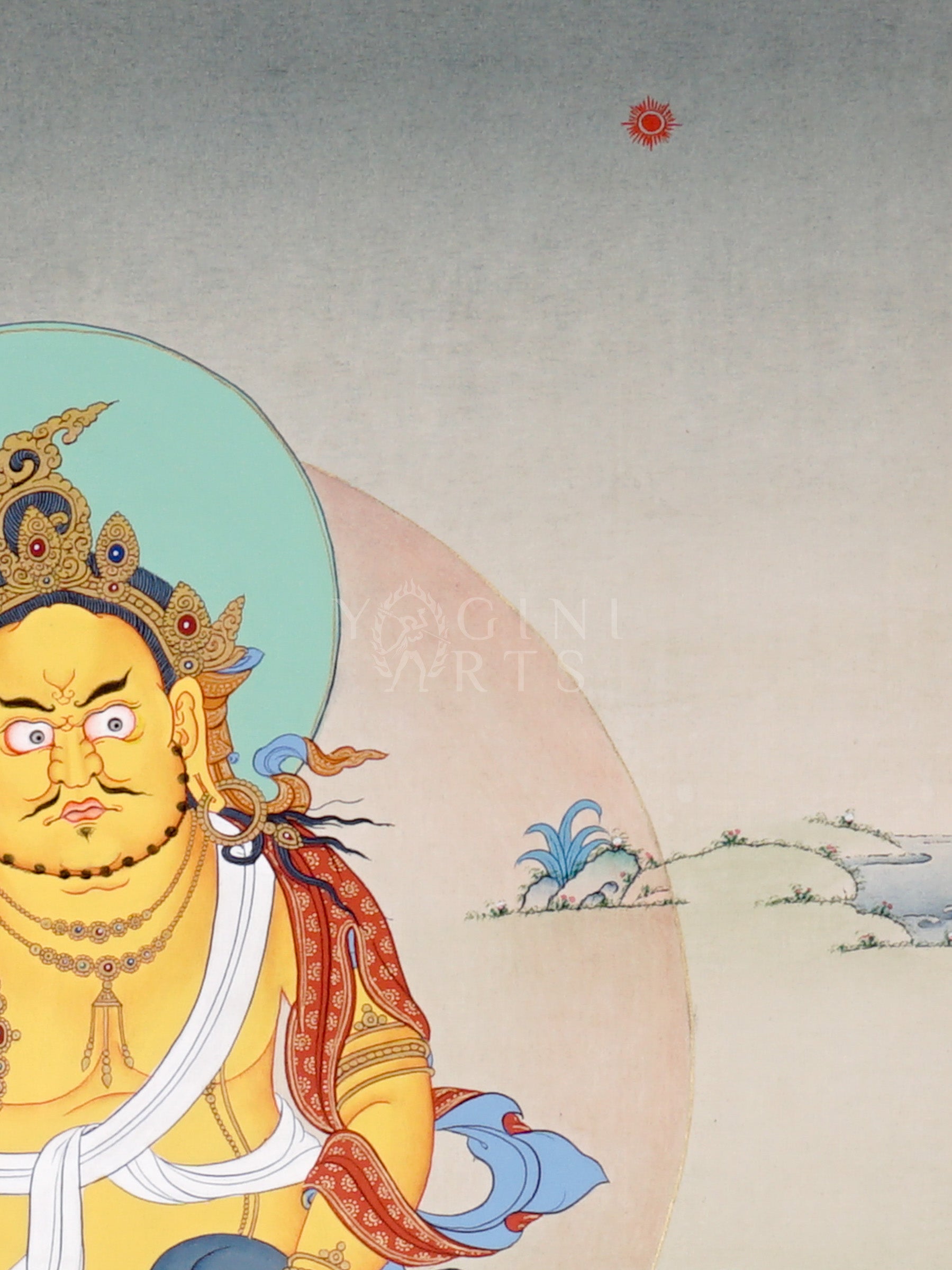 Zambhala thangka showing a golden wealth deity seated on a lotus holding a mongoose that releases jewels surrounded by offerings and symbols of abundance.