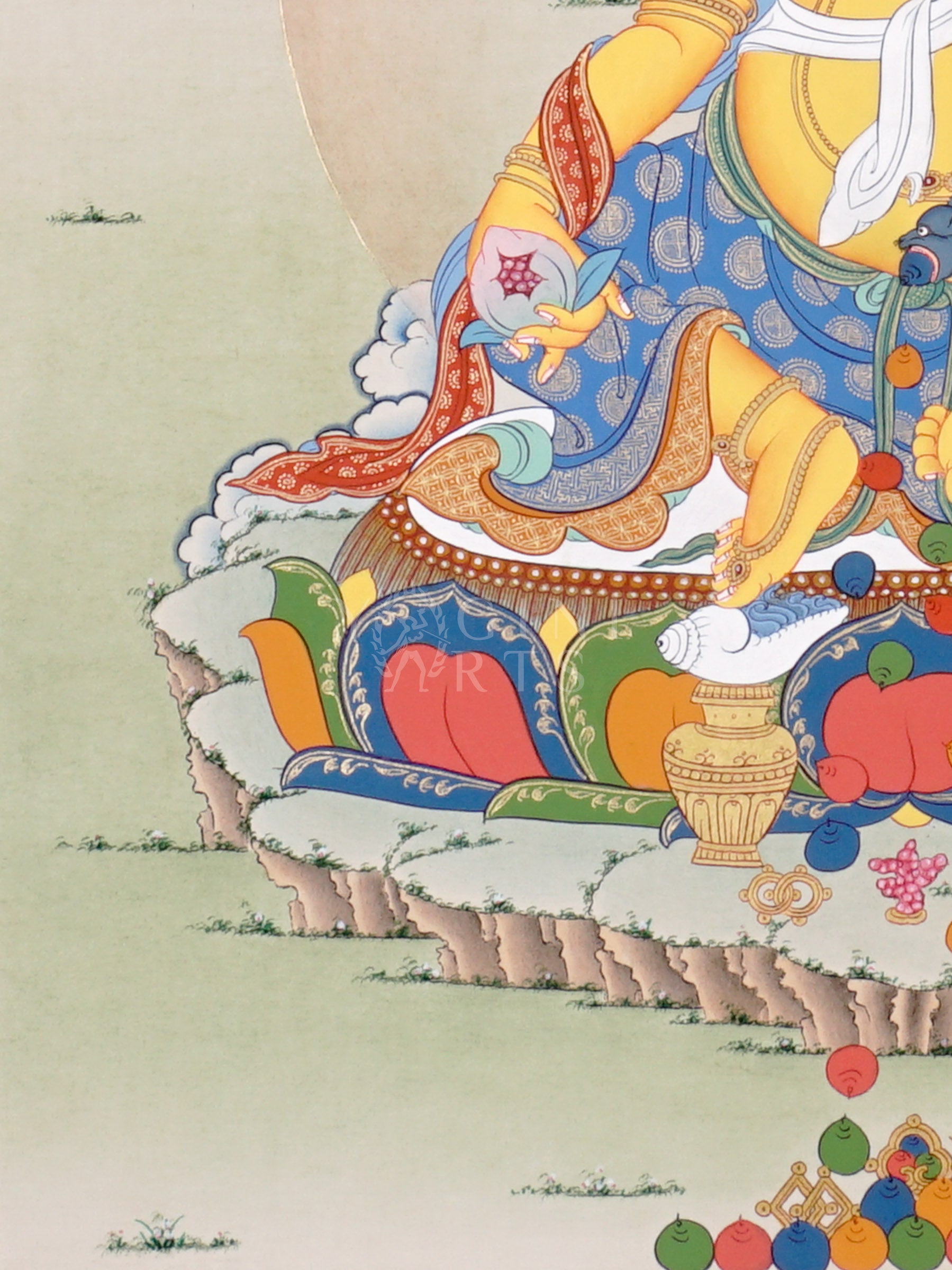 Zambhala thangka showing a golden wealth deity seated on a lotus holding a mongoose that releases jewels surrounded by offerings and symbols of abundance.
