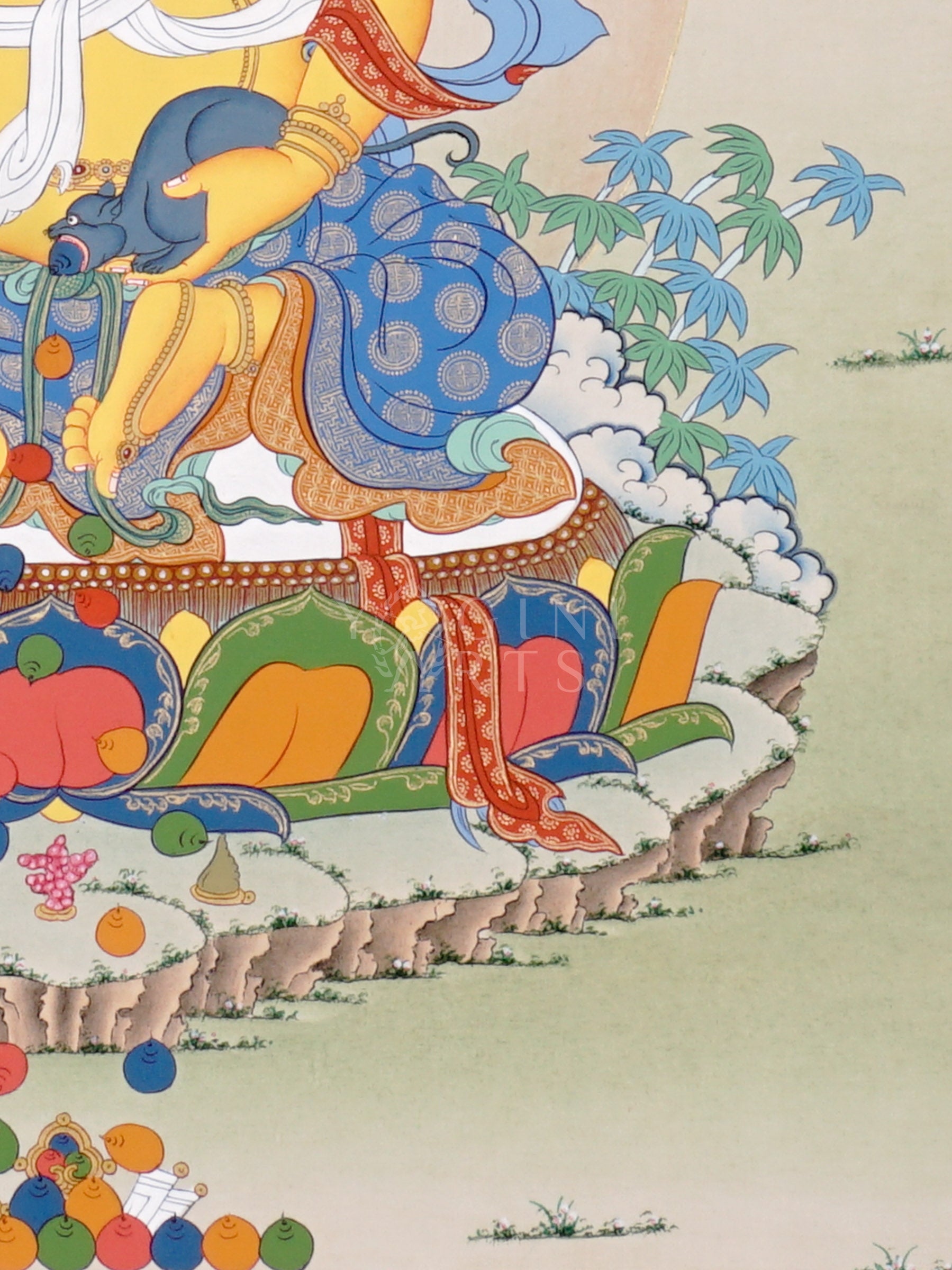 Zambhala thangka showing a golden wealth deity seated on a lotus holding a mongoose that releases jewels surrounded by offerings and symbols of abundance.