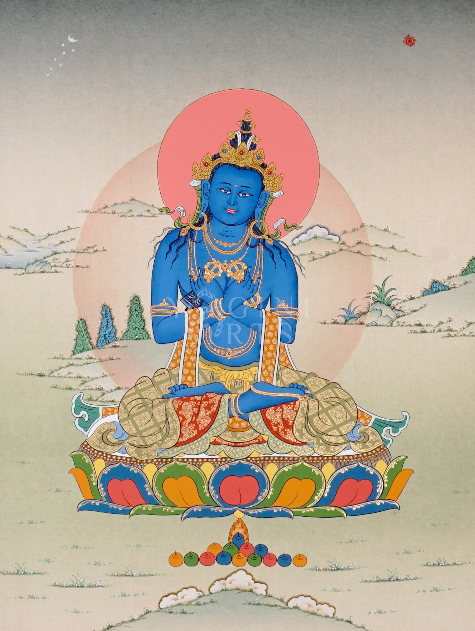 Vajradhara thangka showing a deep blue primordial Buddha seated on a lotus with arms crossed holding vajra and bell symbolizing wisdom and compassion.