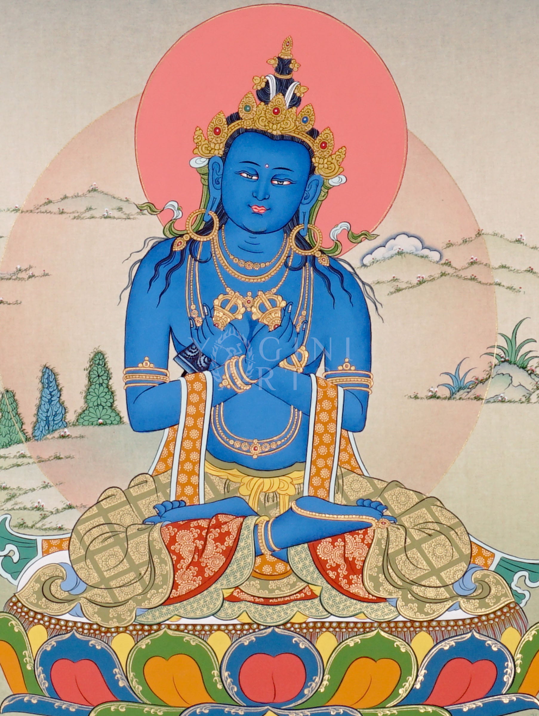 Vajradhara thangka showing a deep blue primordial Buddha seated on a lotus with arms crossed holding vajra and bell symbolizing wisdom and compassion.