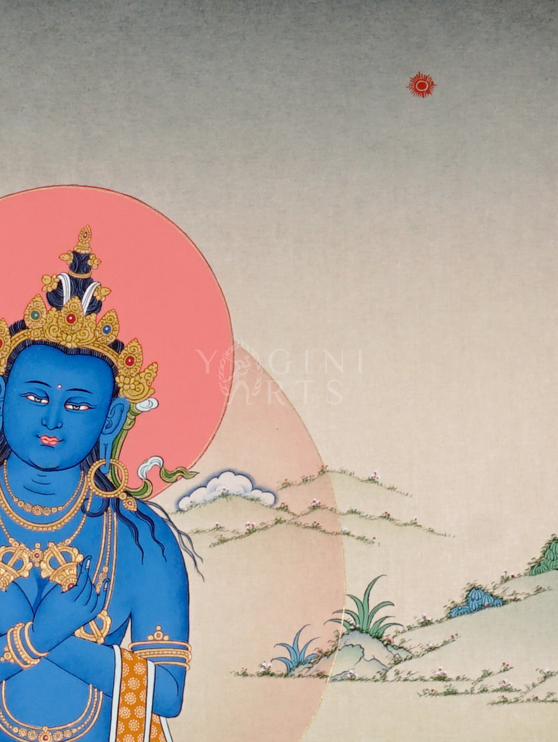 Vajradhara thangka showing a deep blue primordial Buddha seated on a lotus with arms crossed holding vajra and bell symbolizing wisdom and compassion.