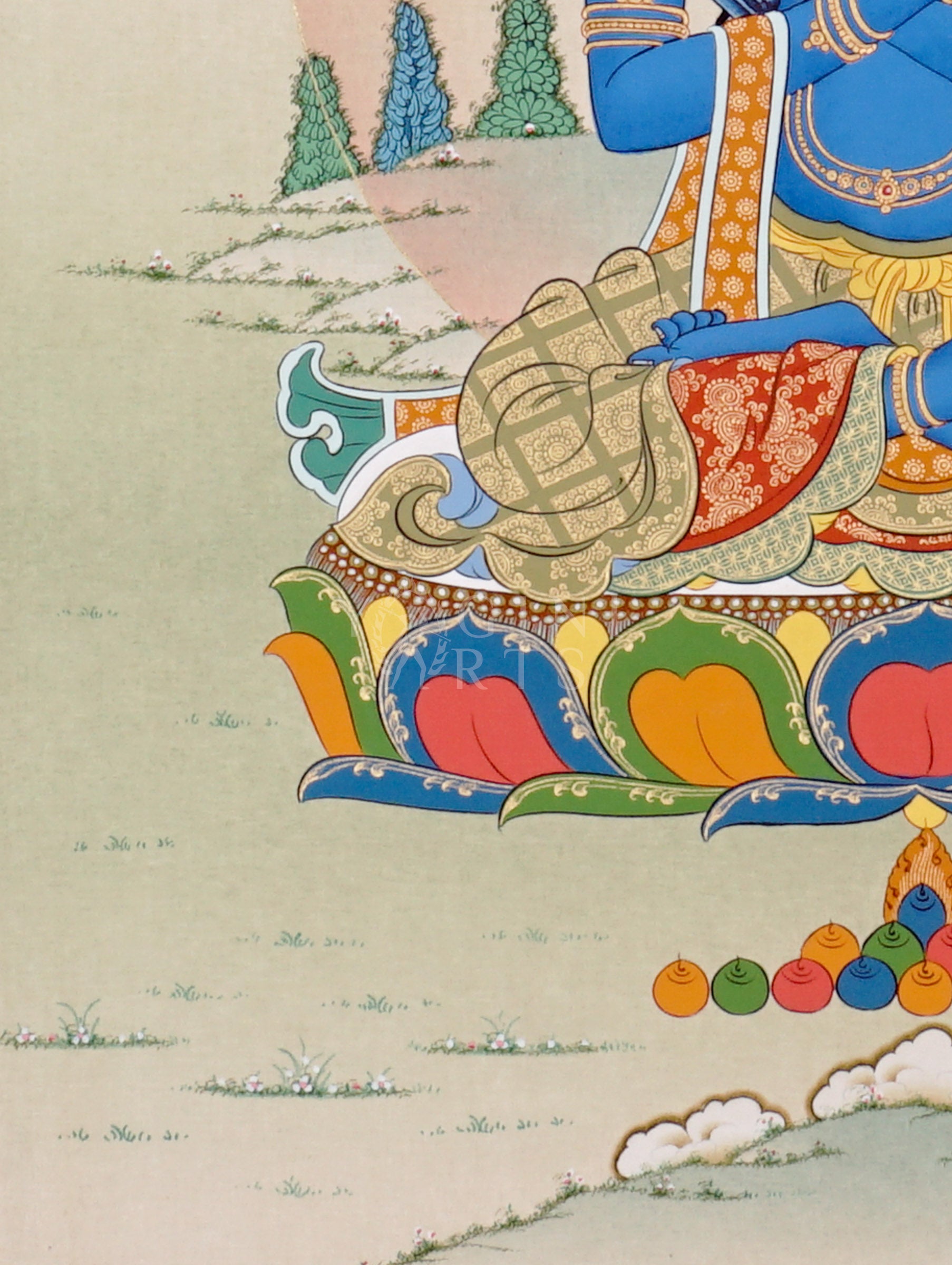 Vajradhara thangka showing a deep blue primordial Buddha seated on a lotus with arms crossed holding vajra and bell symbolizing wisdom and compassion.