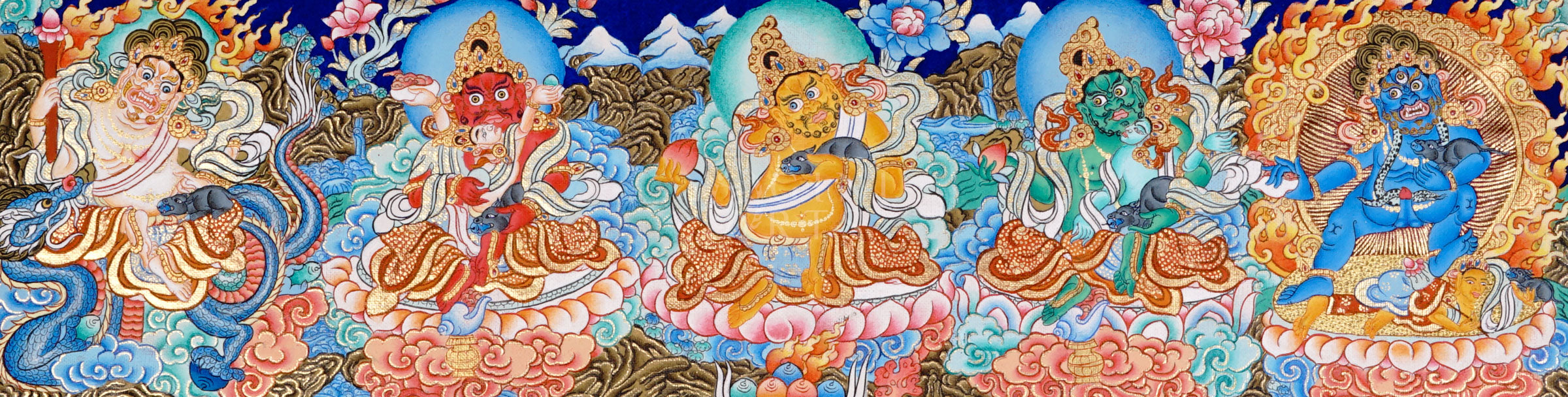 Panoramic Tibetan thangka of Five Dzambhala wealth deities in different colors seated on lotus thrones holding jewel-spitting mongoose symbols.