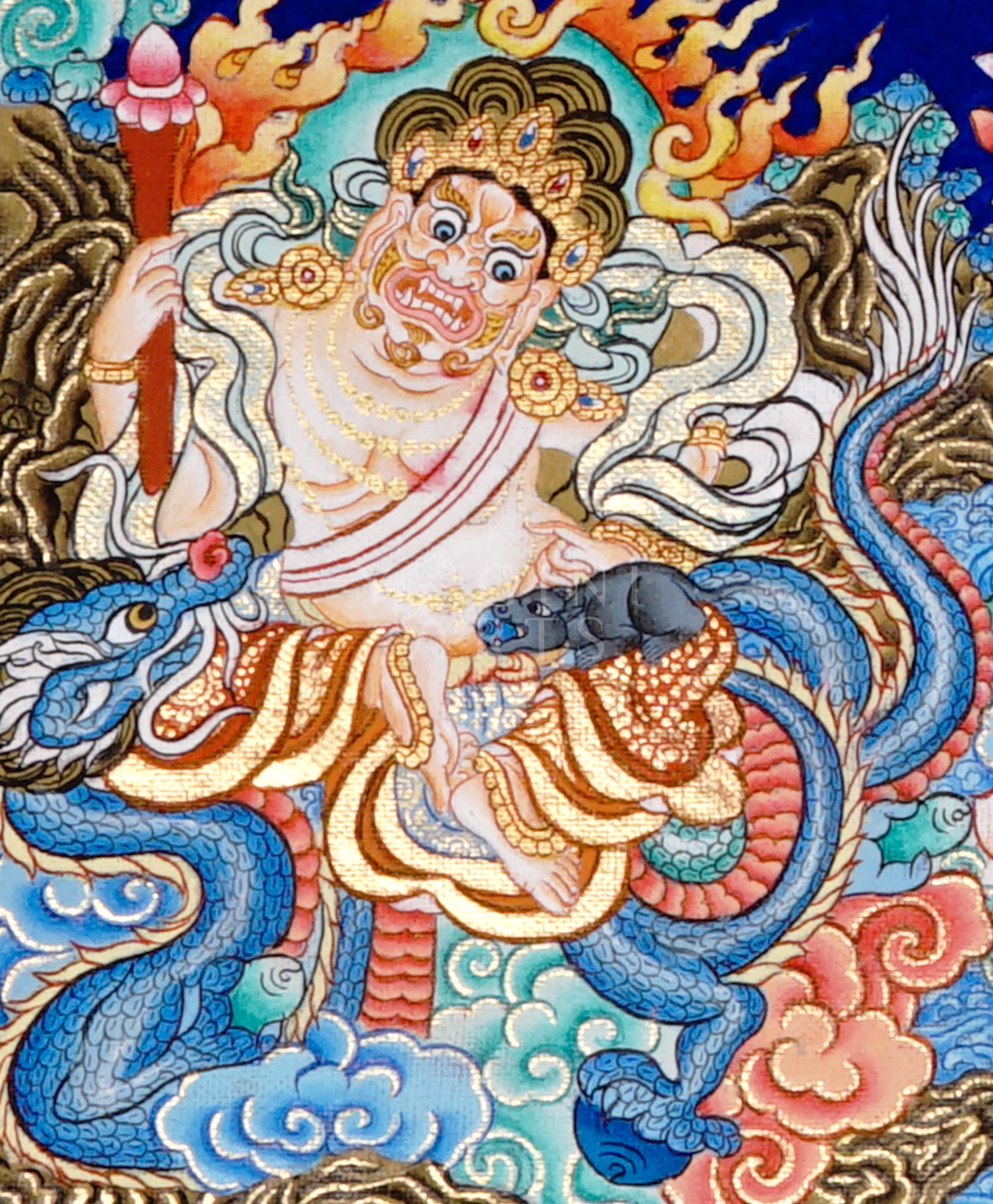 Panoramic Tibetan thangka of Five Dzambhala wealth deities in different colors seated on lotus thrones holding jewel-spitting mongoose symbols.