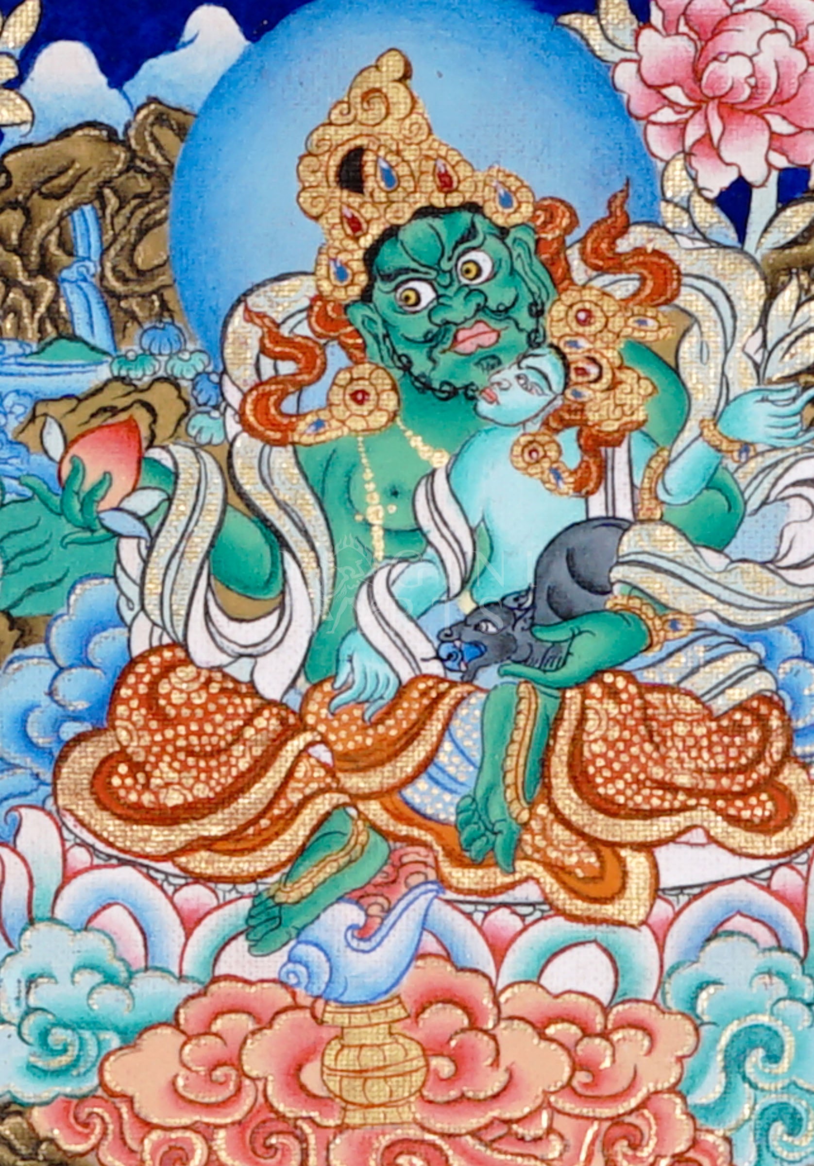Panoramic Tibetan thangka of Five Dzambhala wealth deities in different colors seated on lotus thrones holding jewel-spitting mongoose symbols.