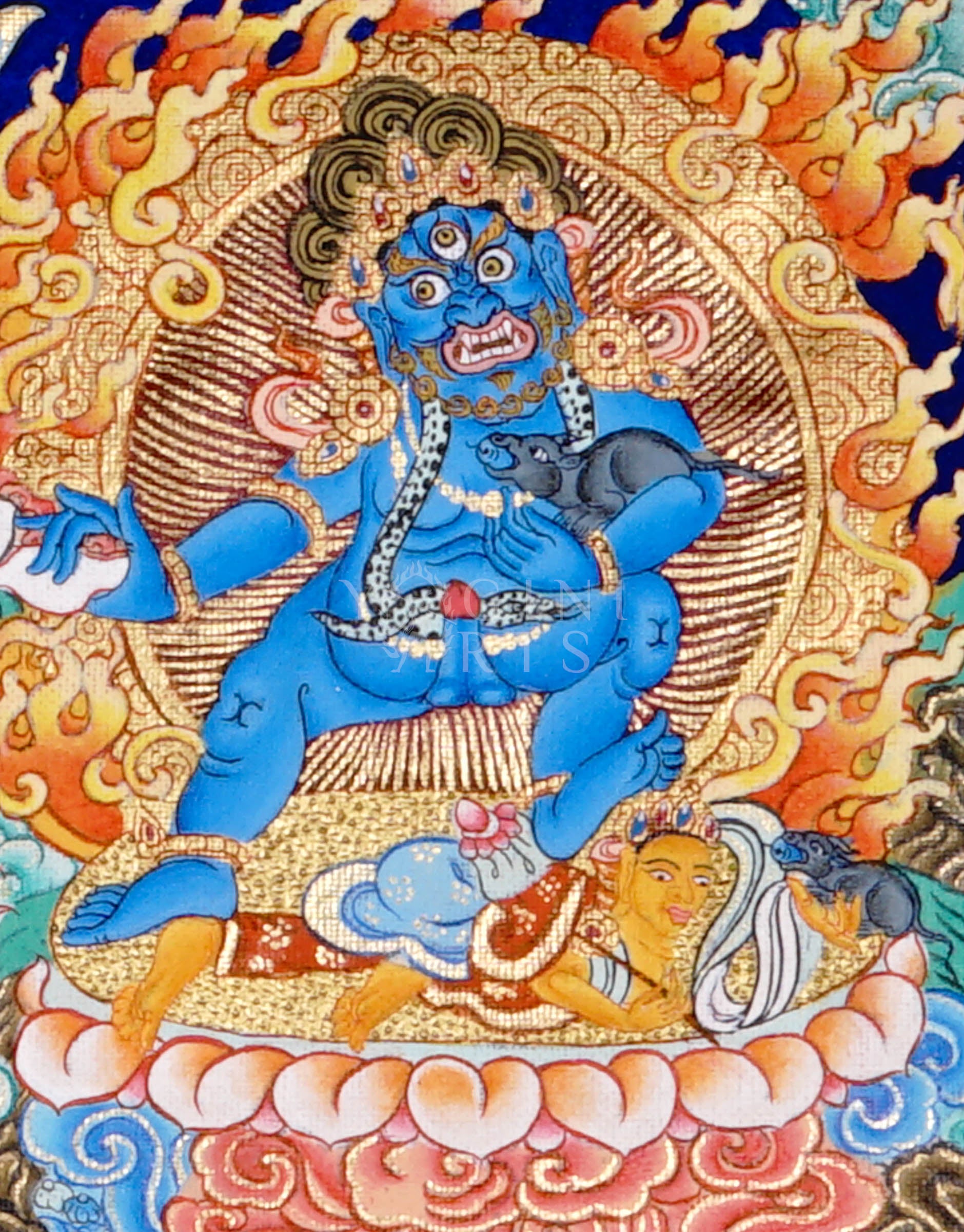 Panoramic Tibetan thangka of Five Dzambhala wealth deities in different colors seated on lotus thrones holding jewel-spitting mongoose symbols.