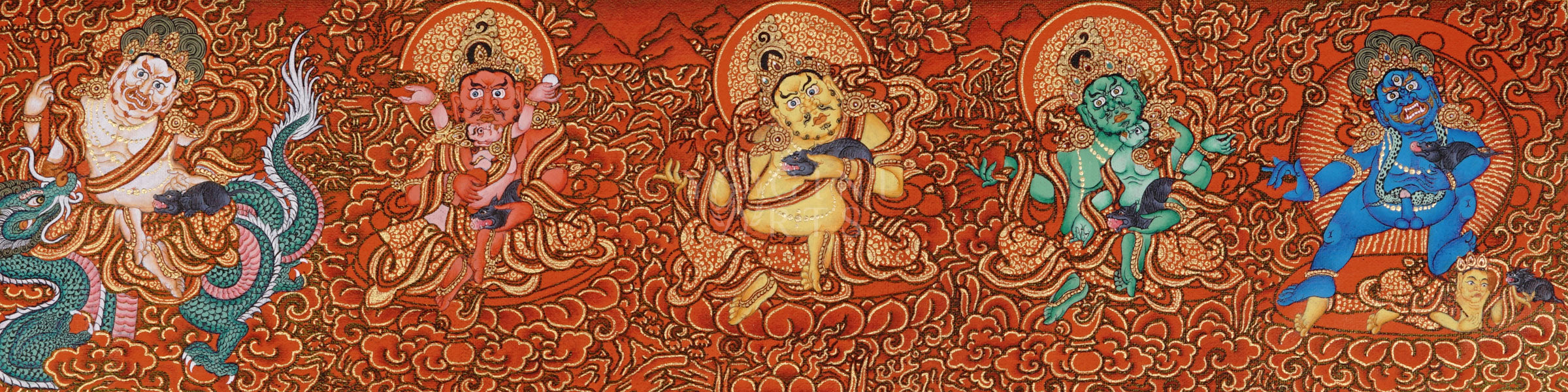 Panoramic red-background Tibetan thangka featuring Five Dzambhala wealth deities surrounded by gold clouds holding jewel-spitting mongoose symbols.