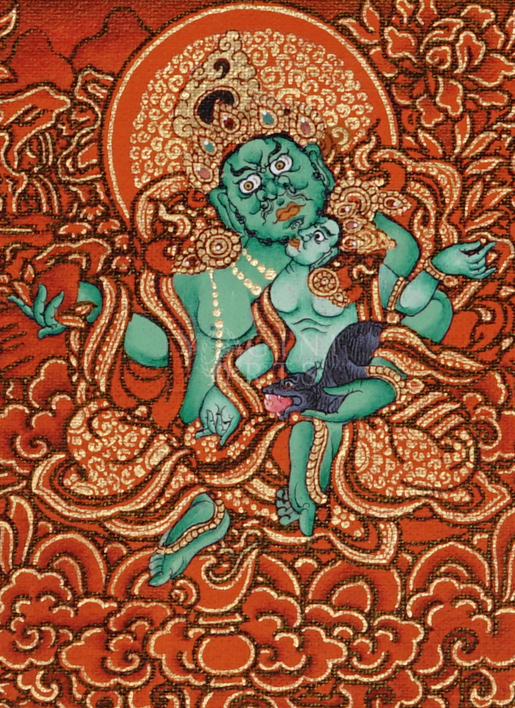 Panoramic red-background Tibetan thangka featuring Five Dzambhala wealth deities surrounded by gold clouds holding jewel-spitting mongoose symbols.