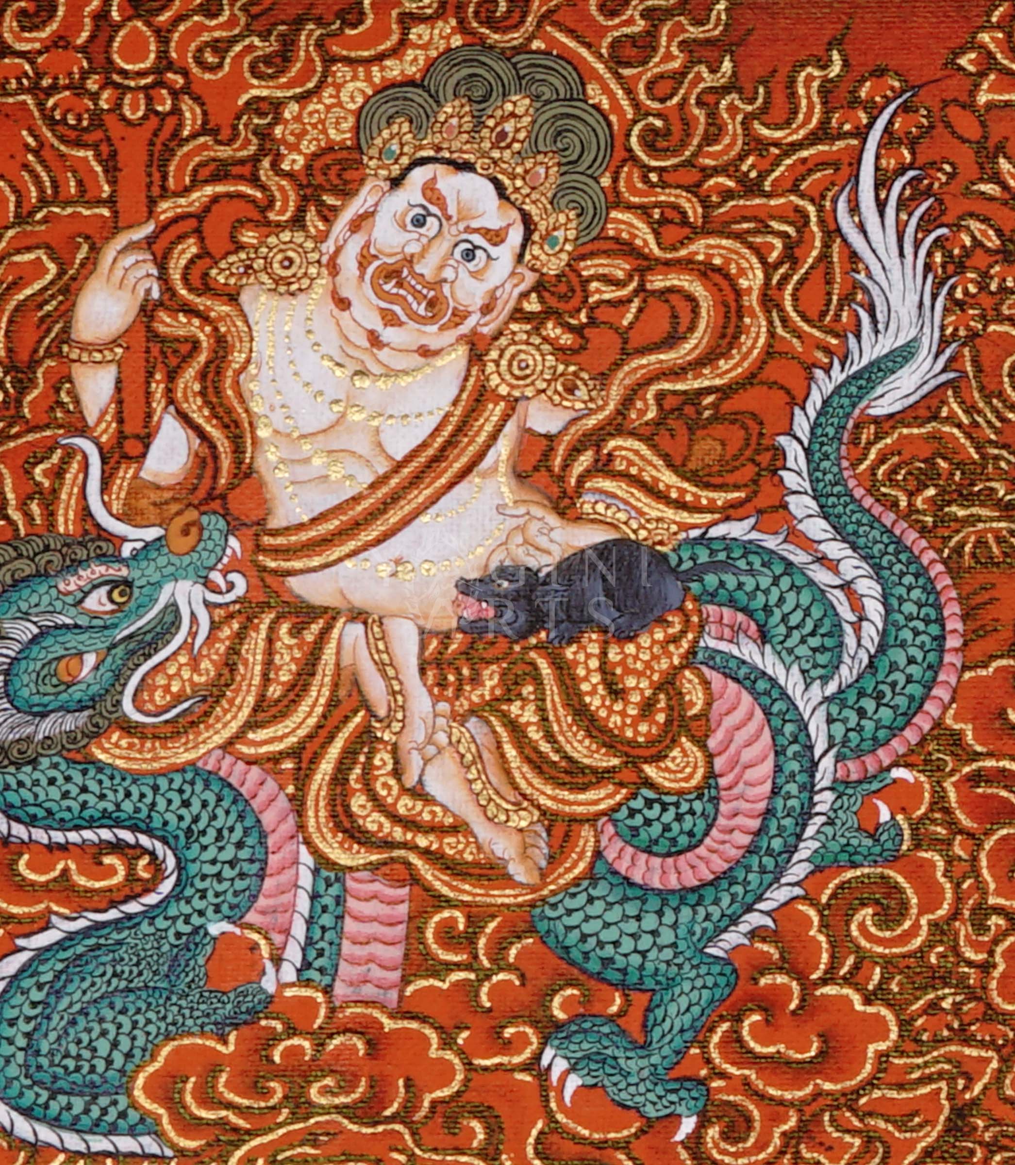 Panoramic red-background Tibetan thangka featuring Five Dzambhala wealth deities surrounded by gold clouds holding jewel-spitting mongoose symbols.