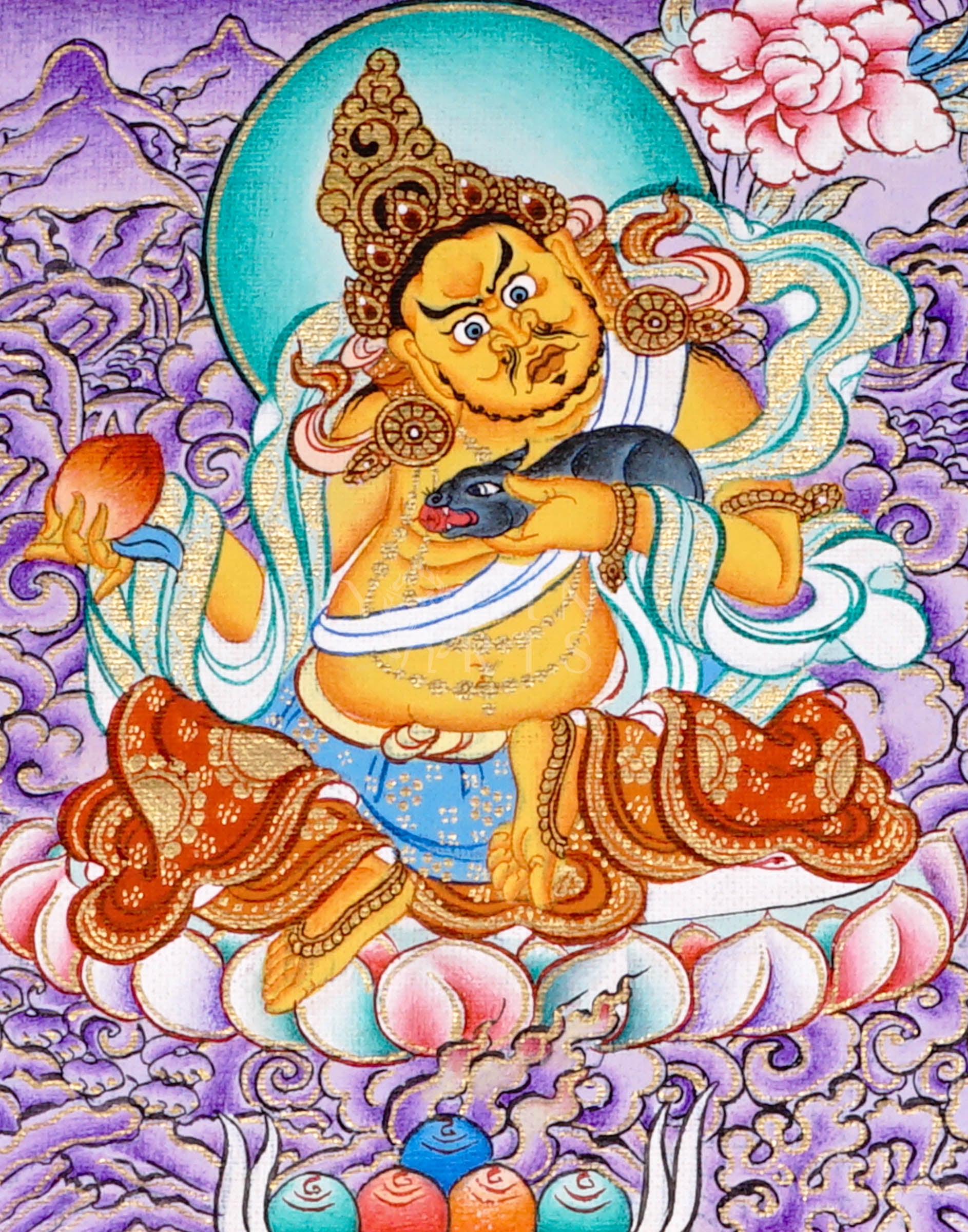 Panoramic Tibetan thangka of Five Dzambhala wealth deities seated on lotus thrones with jewel-spitting mongoose figures, set against a purple cloud and mountain landscape.