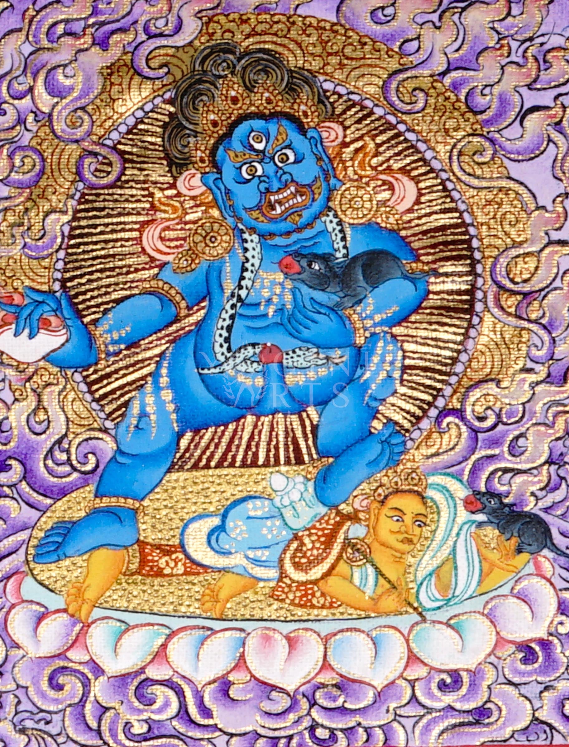 Panoramic Tibetan thangka of Five Dzambhala wealth deities seated on lotus thrones with jewel-spitting mongoose figures, set against a purple cloud and mountain landscape.
