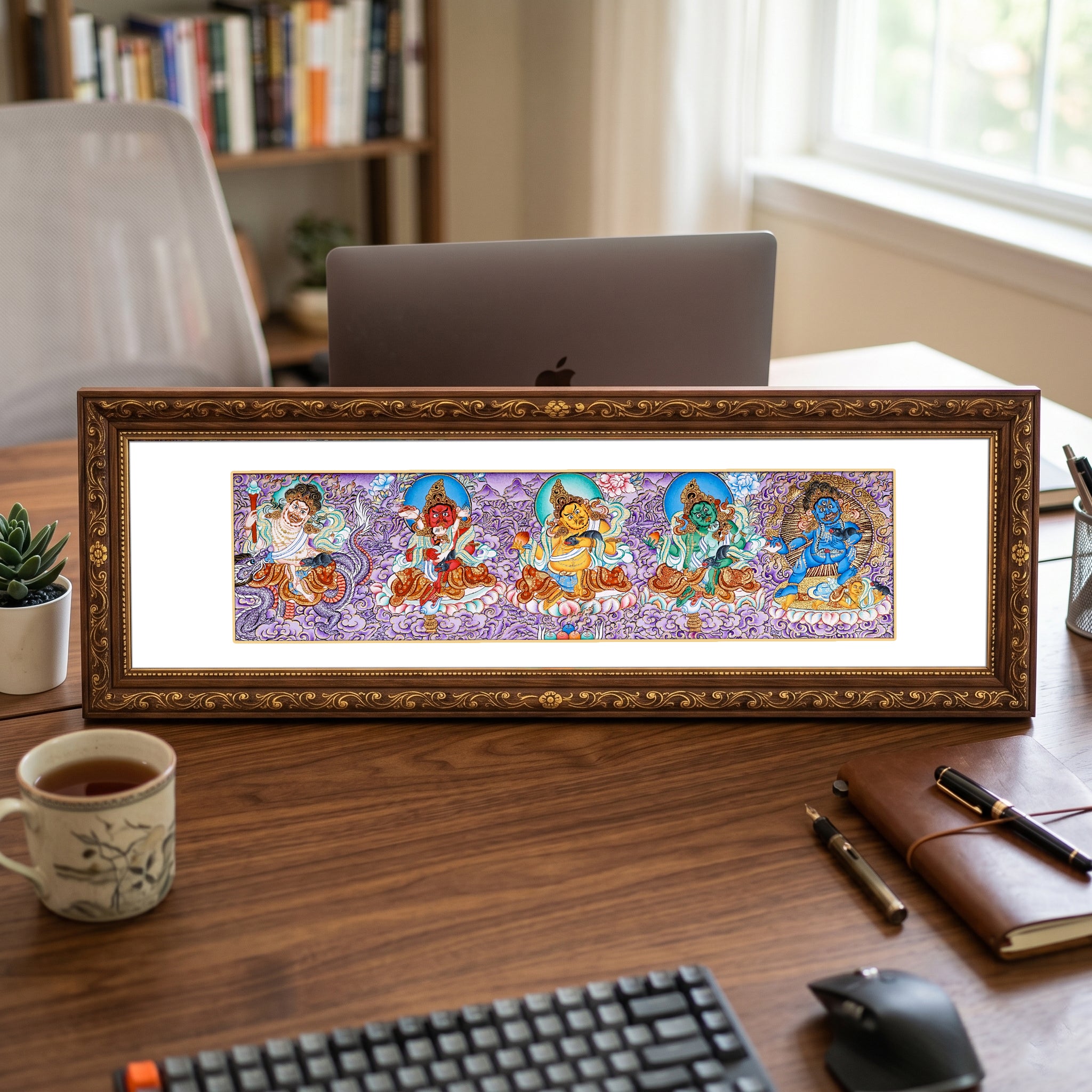 Panoramic Tibetan thangka of Five Dzambhala wealth deities seated on lotus thrones with jewel-spitting mongoose figures, set against a purple cloud and mountain landscape.