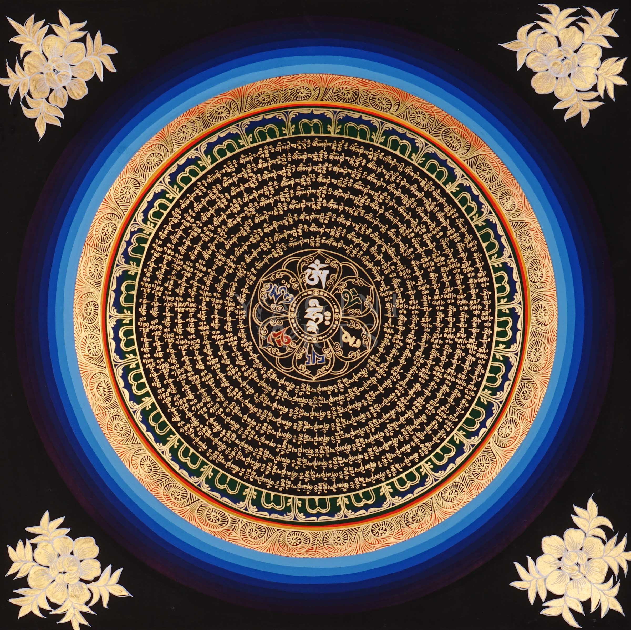 Black background Tibetan mantra mandala thangka with gold concentric script circles and central sacred syllable.