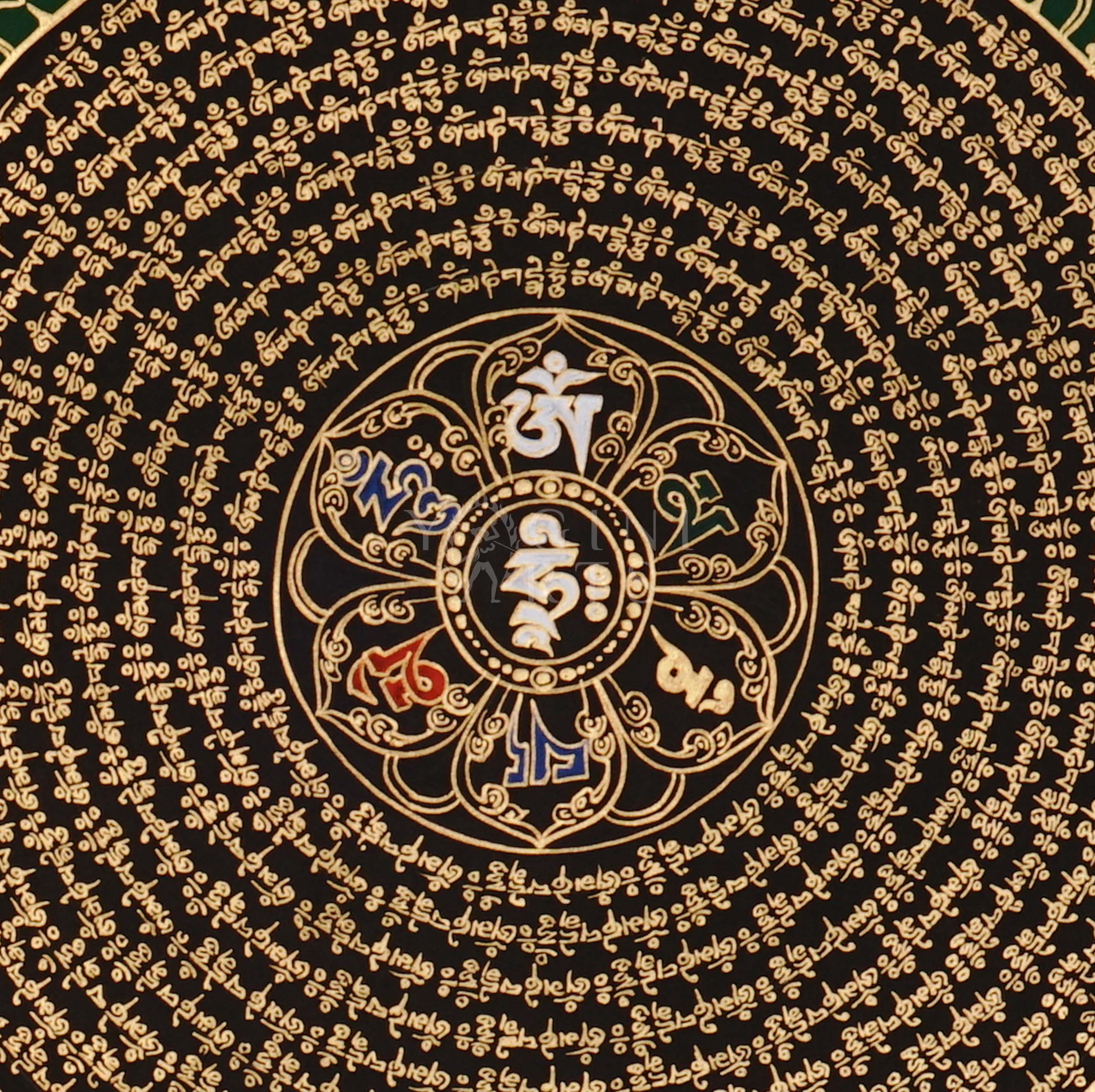 Black background Tibetan mantra mandala thangka with gold concentric script circles and central sacred syllable.