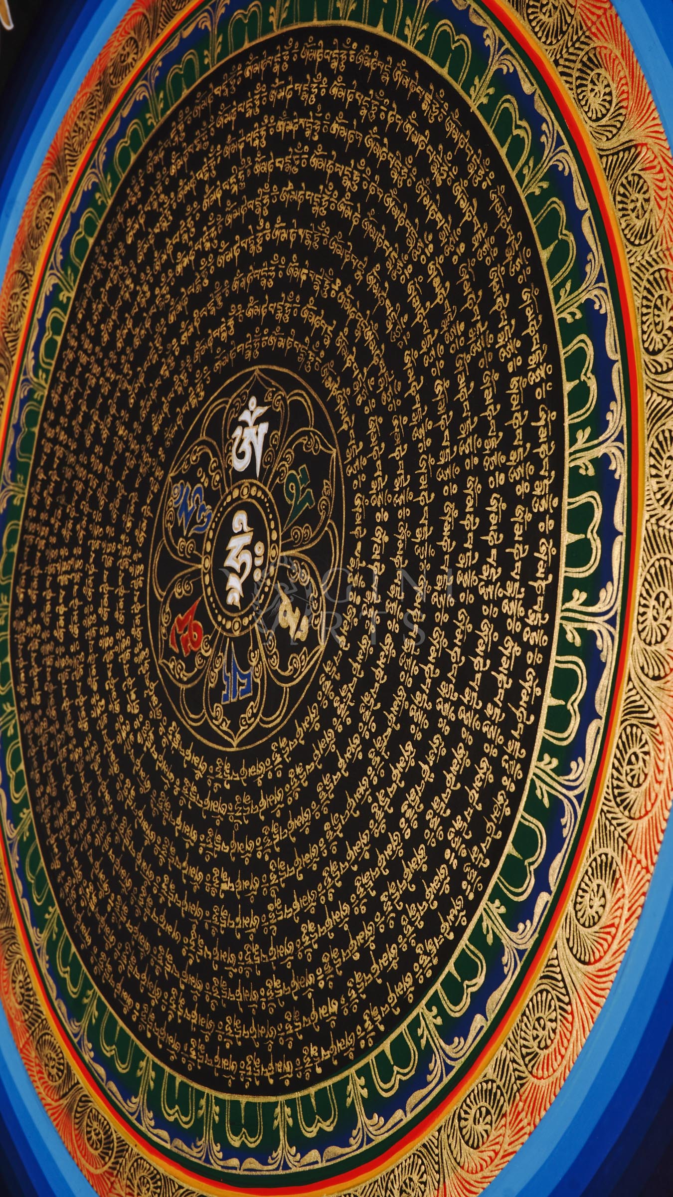 Black background Tibetan mantra mandala thangka with gold concentric script circles and central sacred syllable.