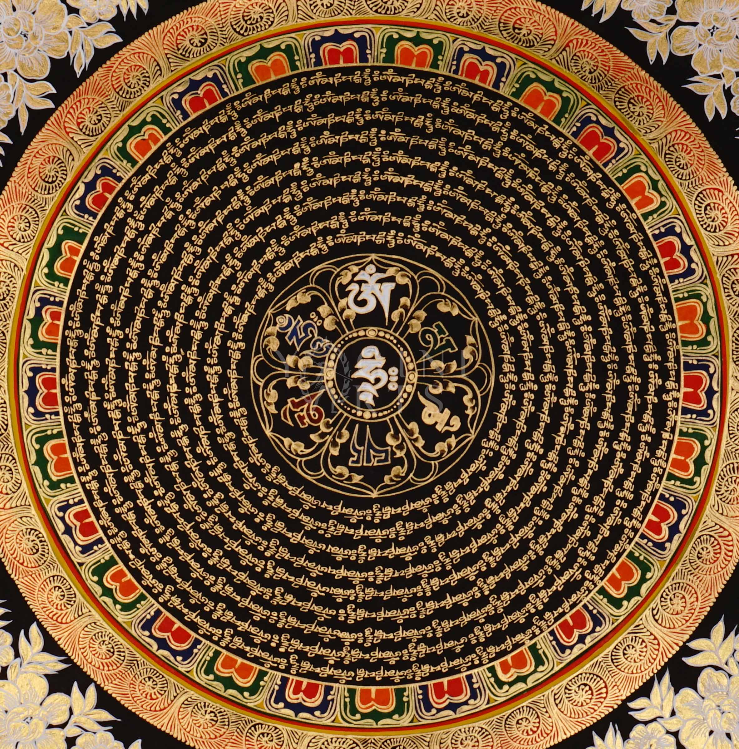 Tibetan mantra mandala thangka on black background with gold script, floral corner designs, and sacred border text.