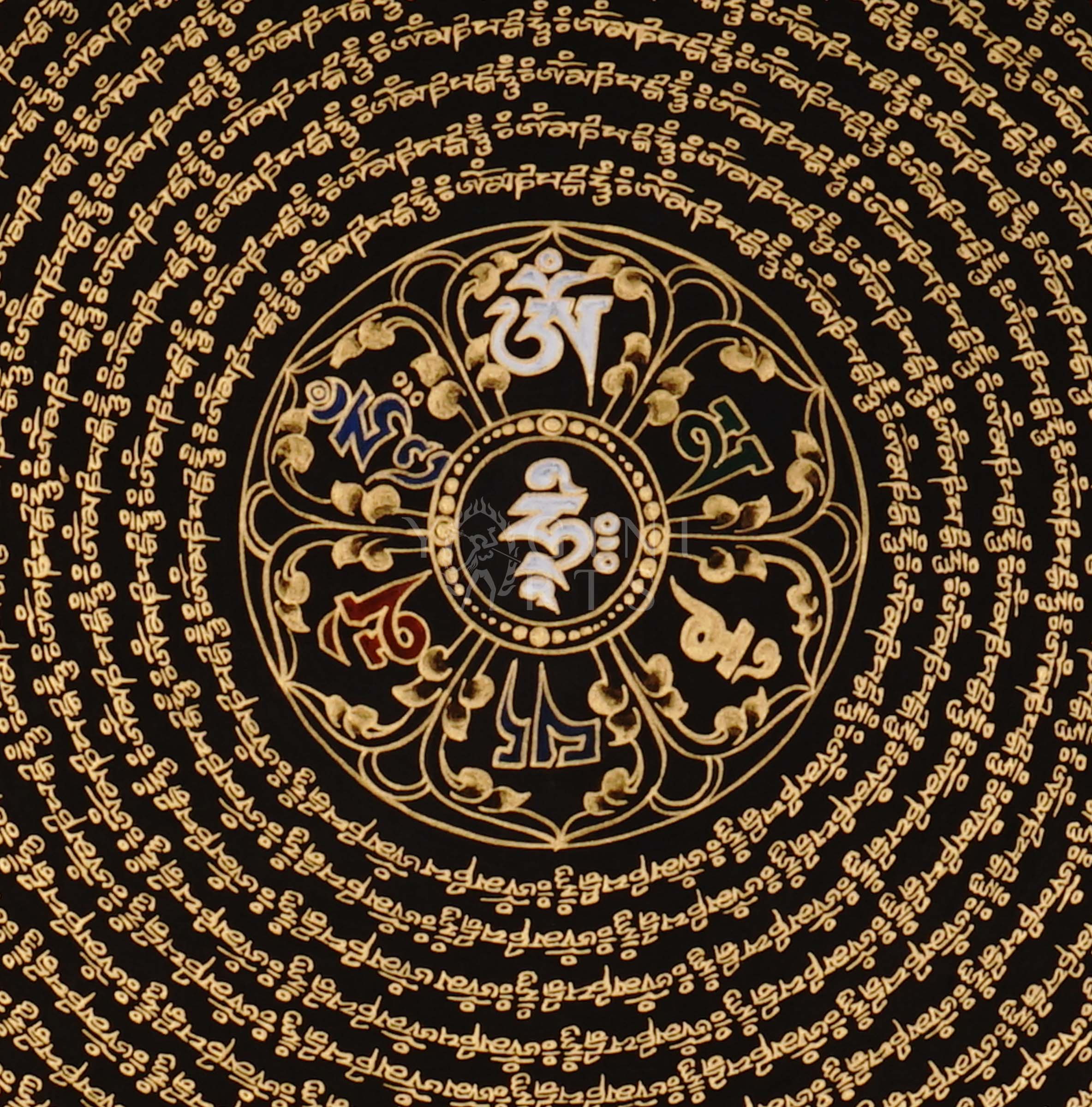 Tibetan mantra mandala thangka on black background with gold script, floral corner designs, and sacred border text.