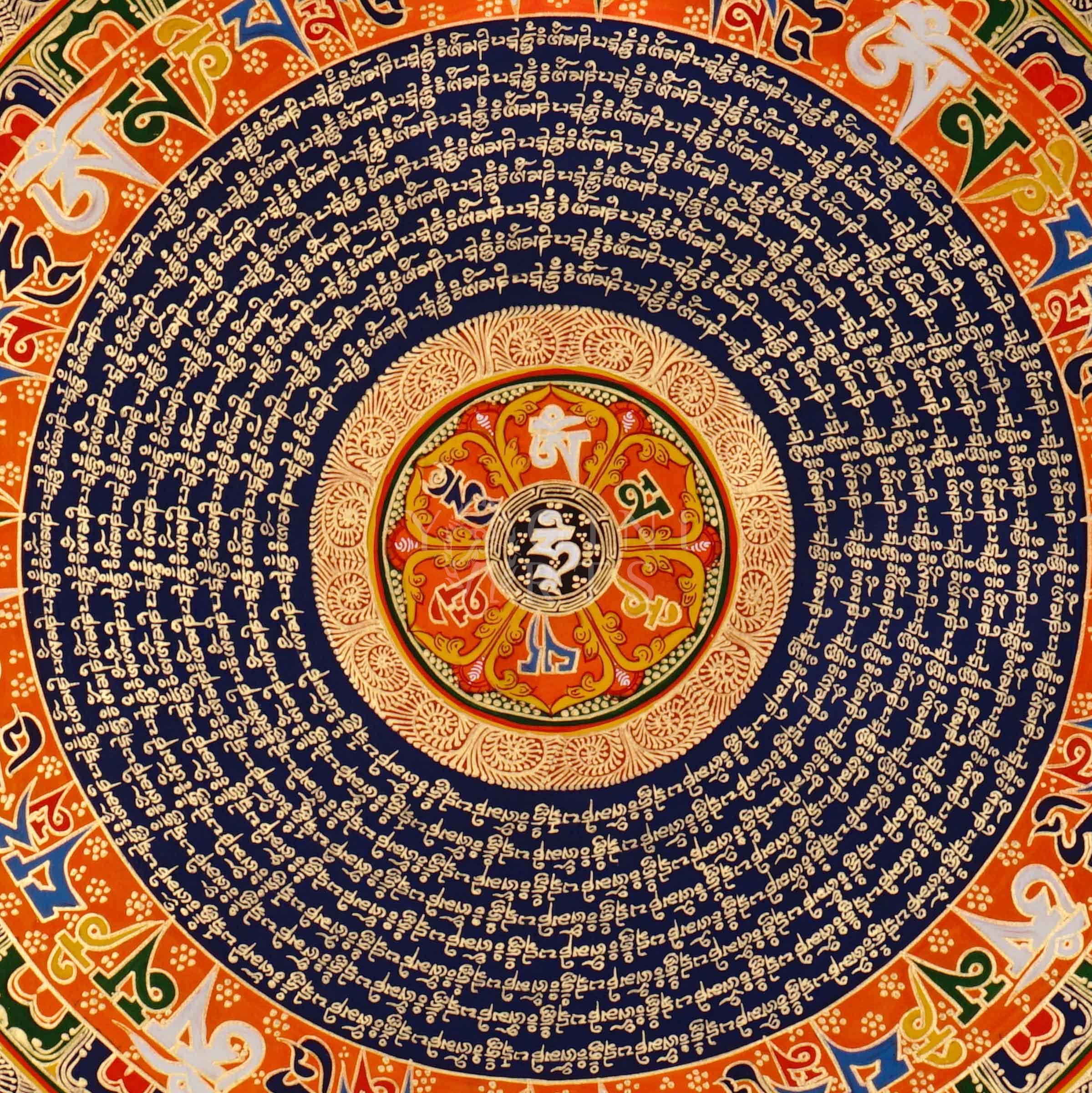 Tibetan mantra mandala thangka with blue background, gold script rings, colorful outer mantra band, and floral corner decorations.