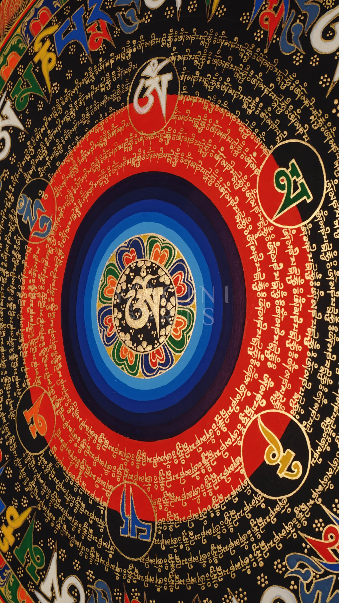 Tibetan mantra mandala thangka with black background, multicolor central rings, gold script circles, and floral corner designs.