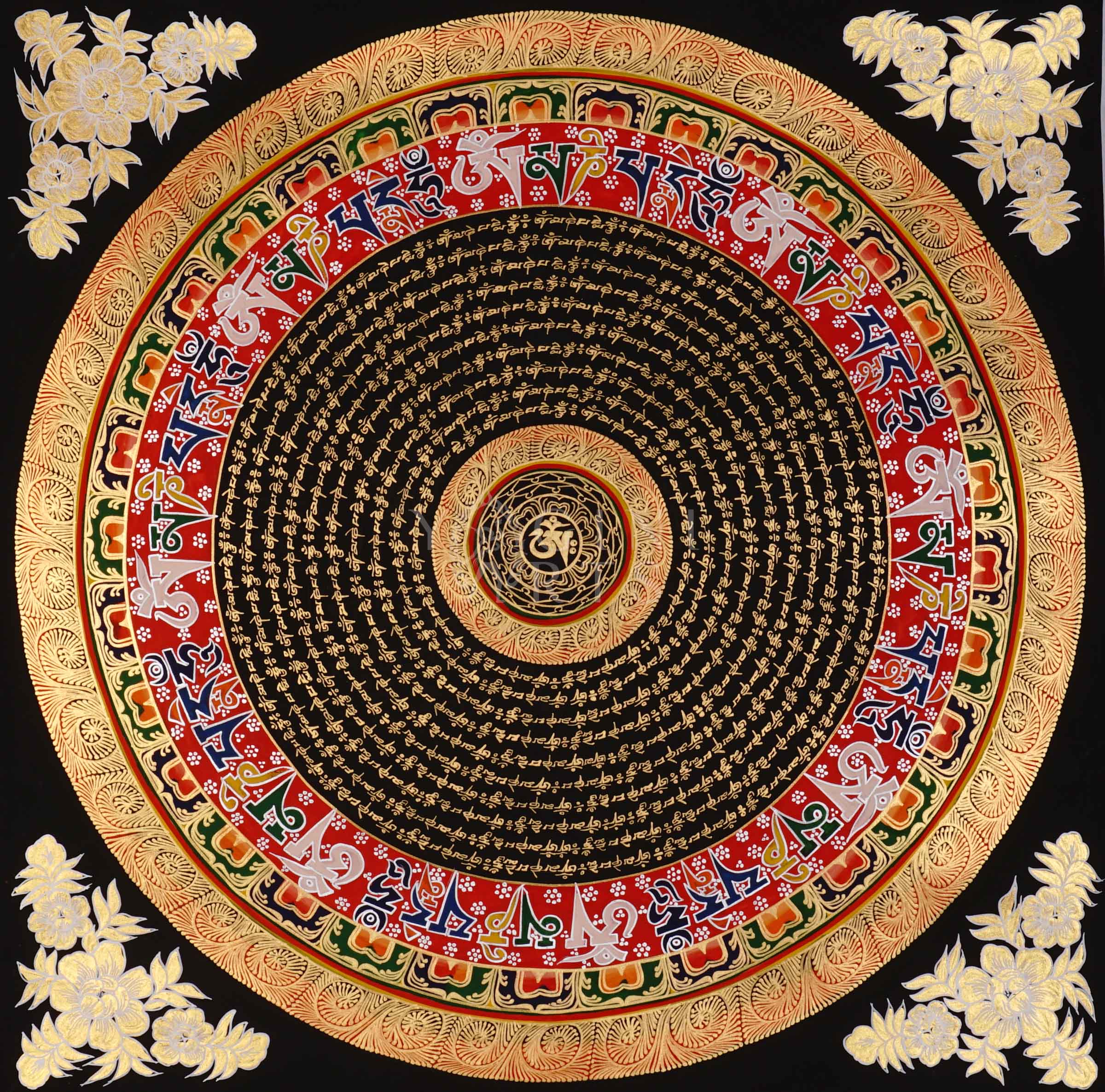 Tibetan mantra mandala thangka with black background, gold script rings, bold red outer mantra band, and floral corner decorations.