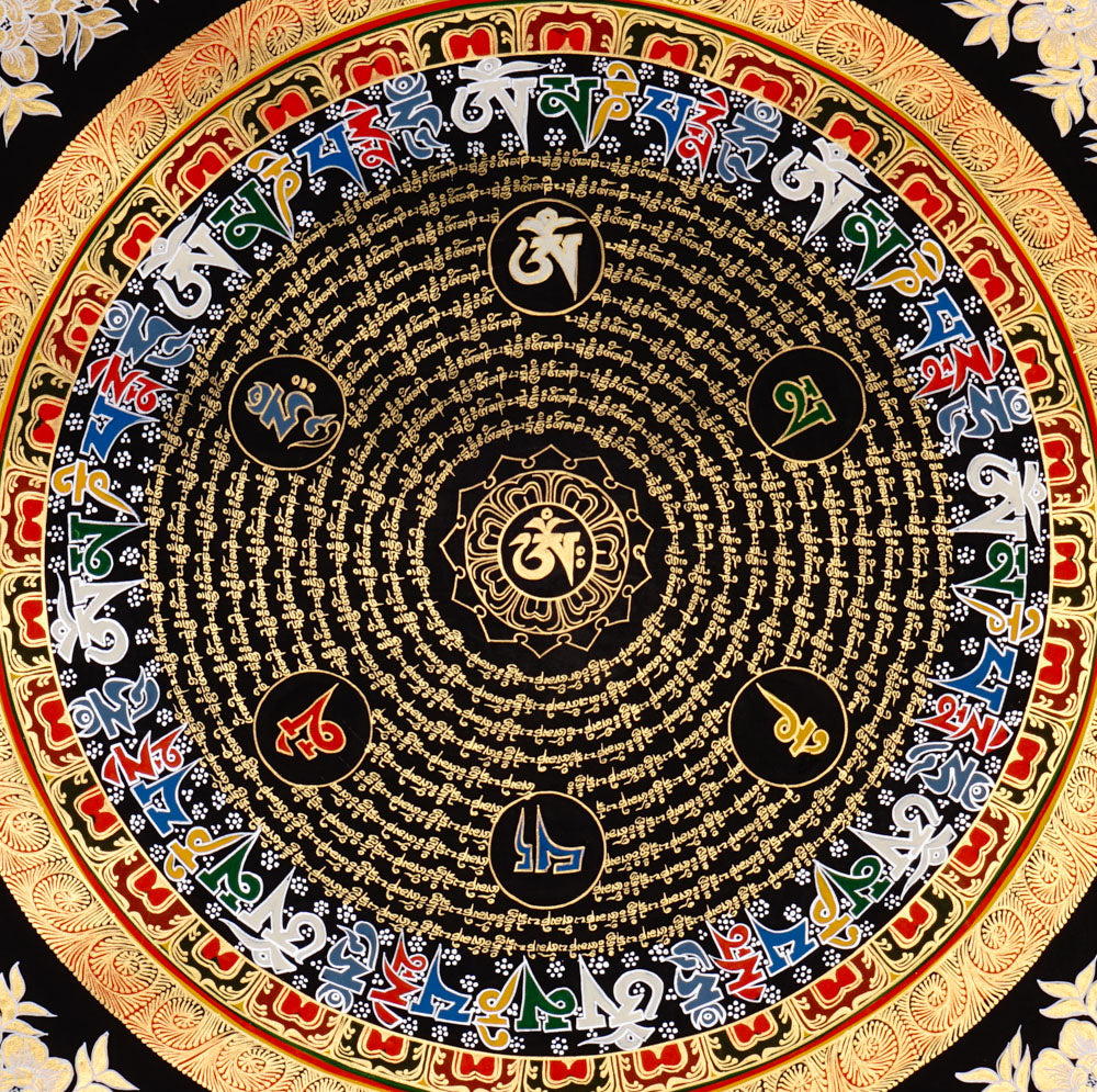 Multicolor Tibetan mantra mandala with five wisdom colors and gold script on black background.