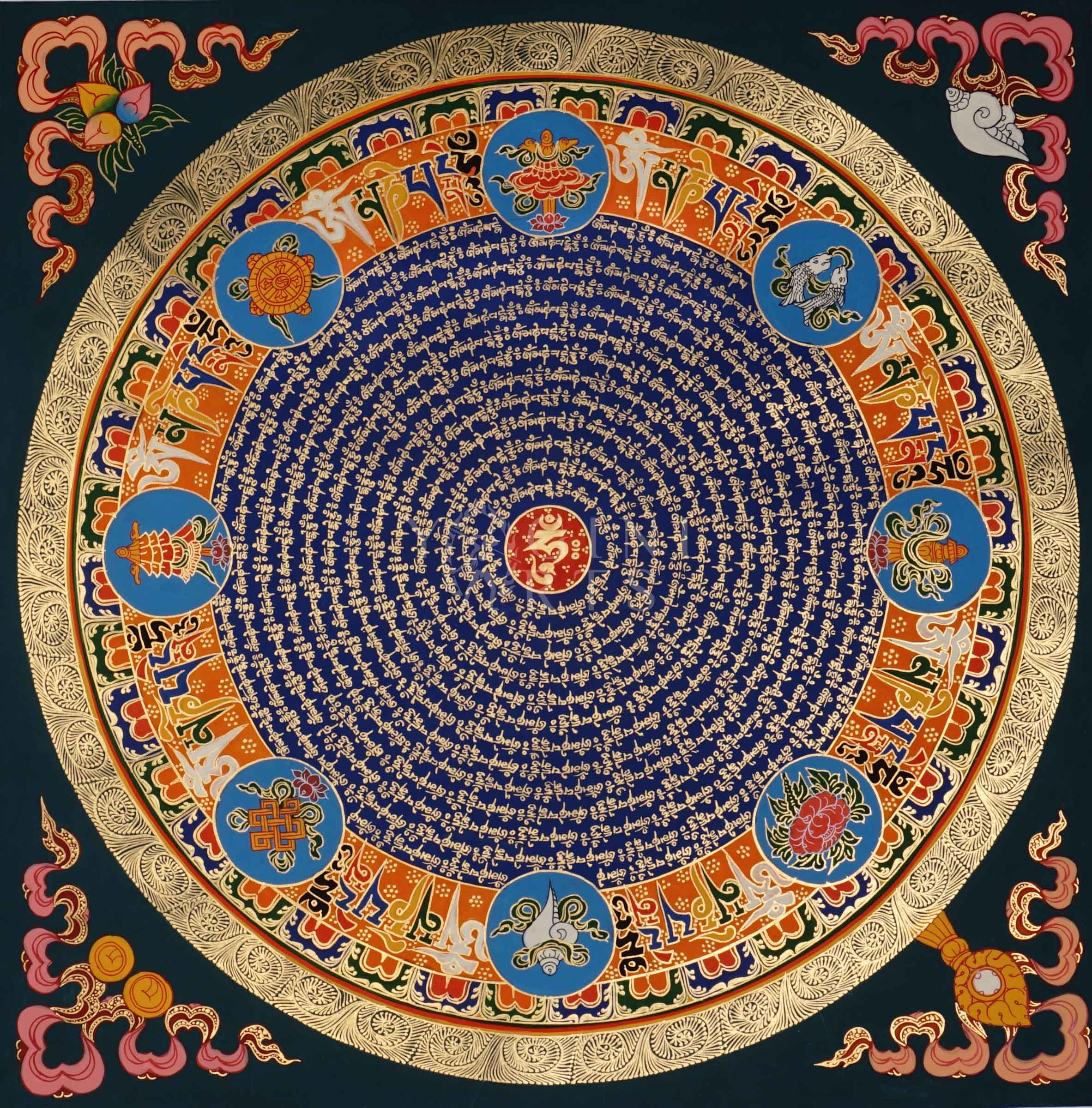 Tibetan mantra mandala thangka with blue center, gold script rings, orange band featuring eight auspicious symbols, and ornate golden border.
