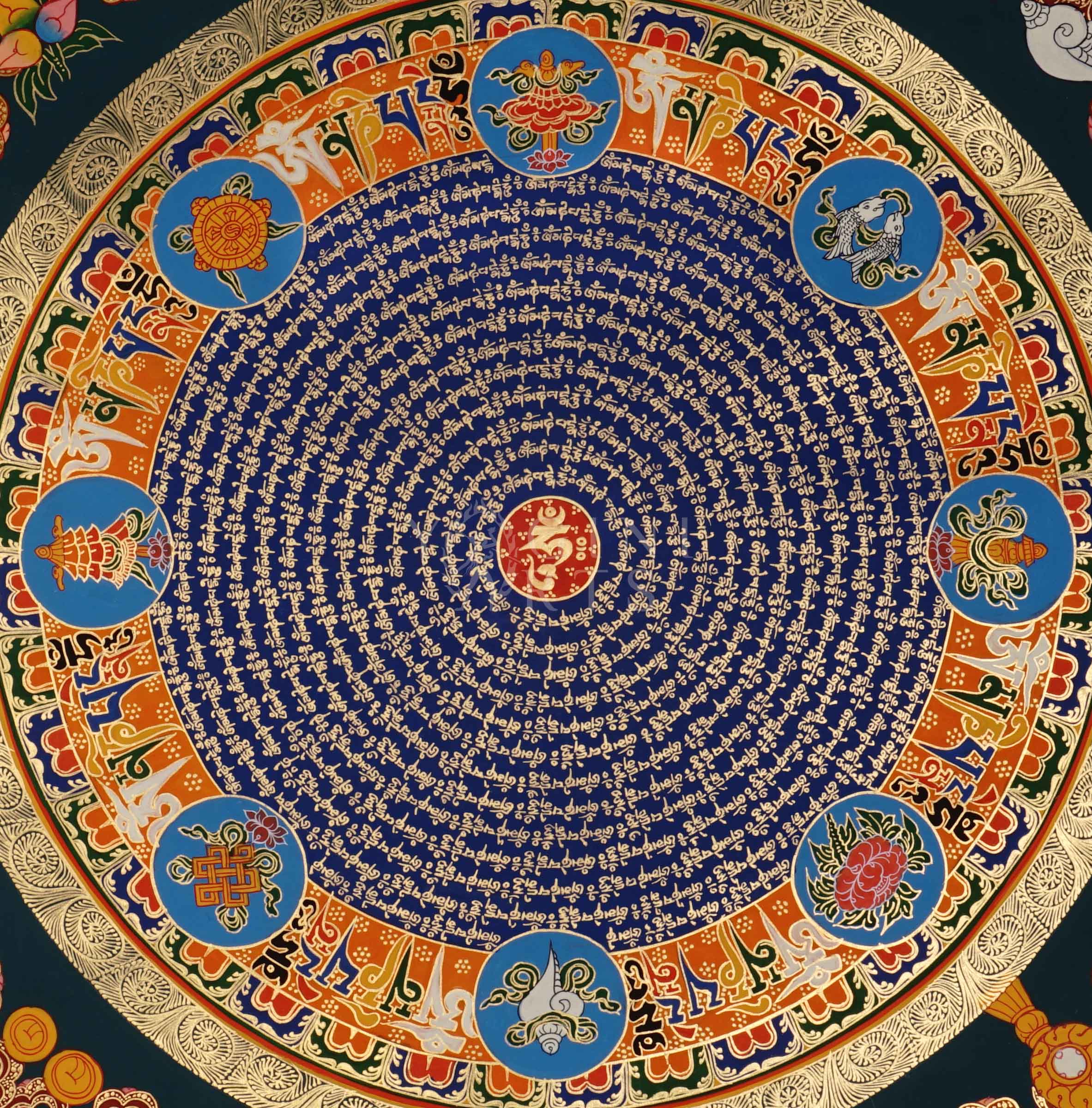 Tibetan mantra mandala thangka with blue center, gold script rings, orange band featuring eight auspicious symbols, and ornate golden border.