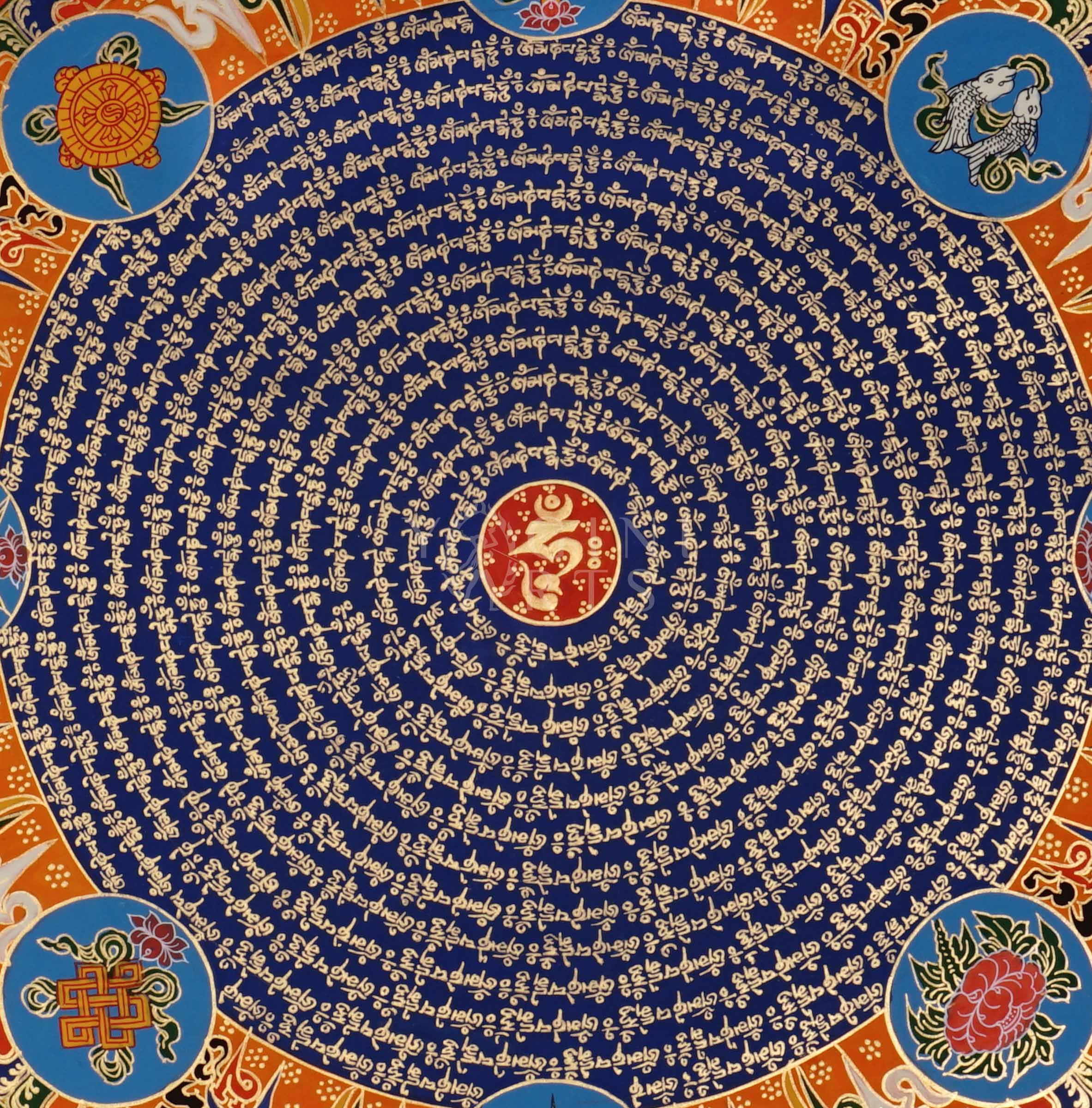 Tibetan mantra mandala thangka with blue center, gold script rings, orange band featuring eight auspicious symbols, and ornate golden border.
