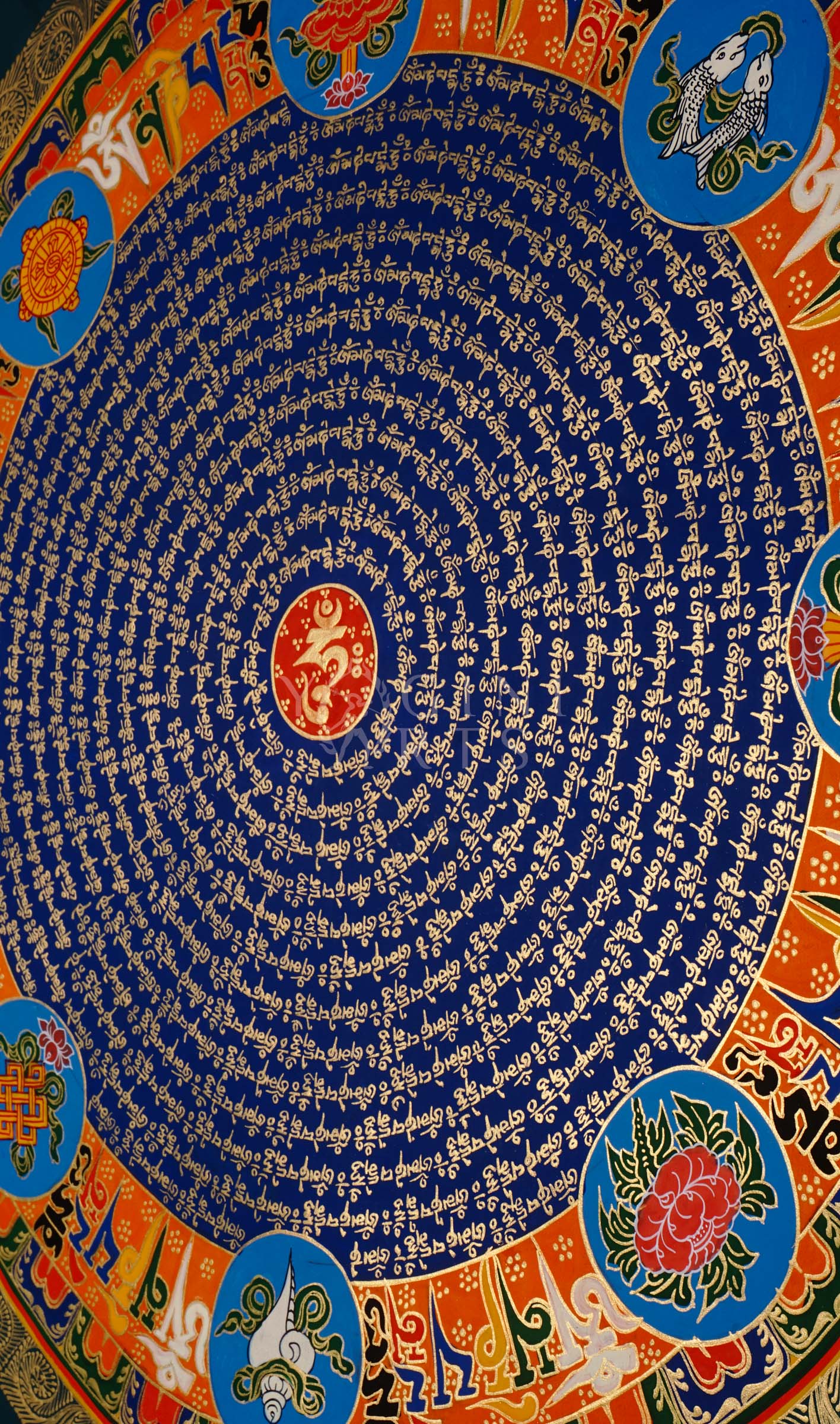 Tibetan mantra mandala thangka with blue center, gold script rings, orange band featuring eight auspicious symbols, and ornate golden border.